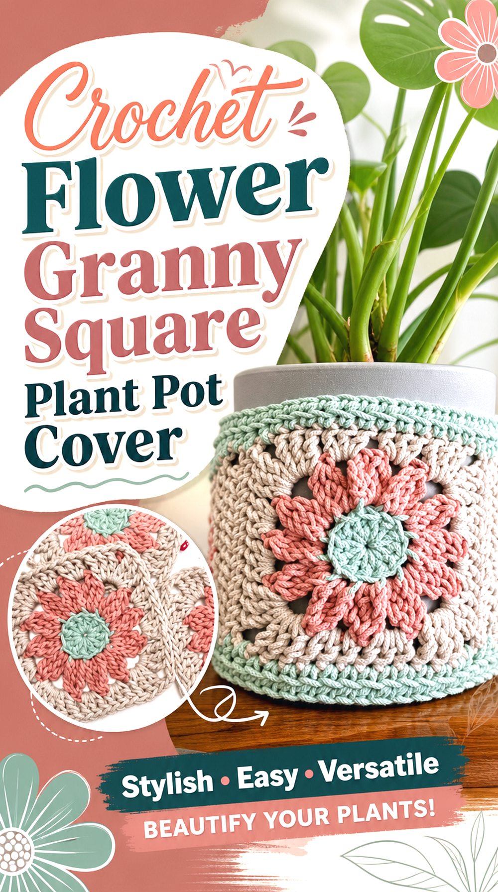 Crochet Flower Granny Square Plant Pot Cover