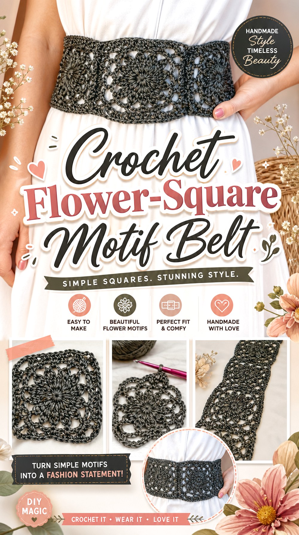 Crochet Flower Square Motif Belt