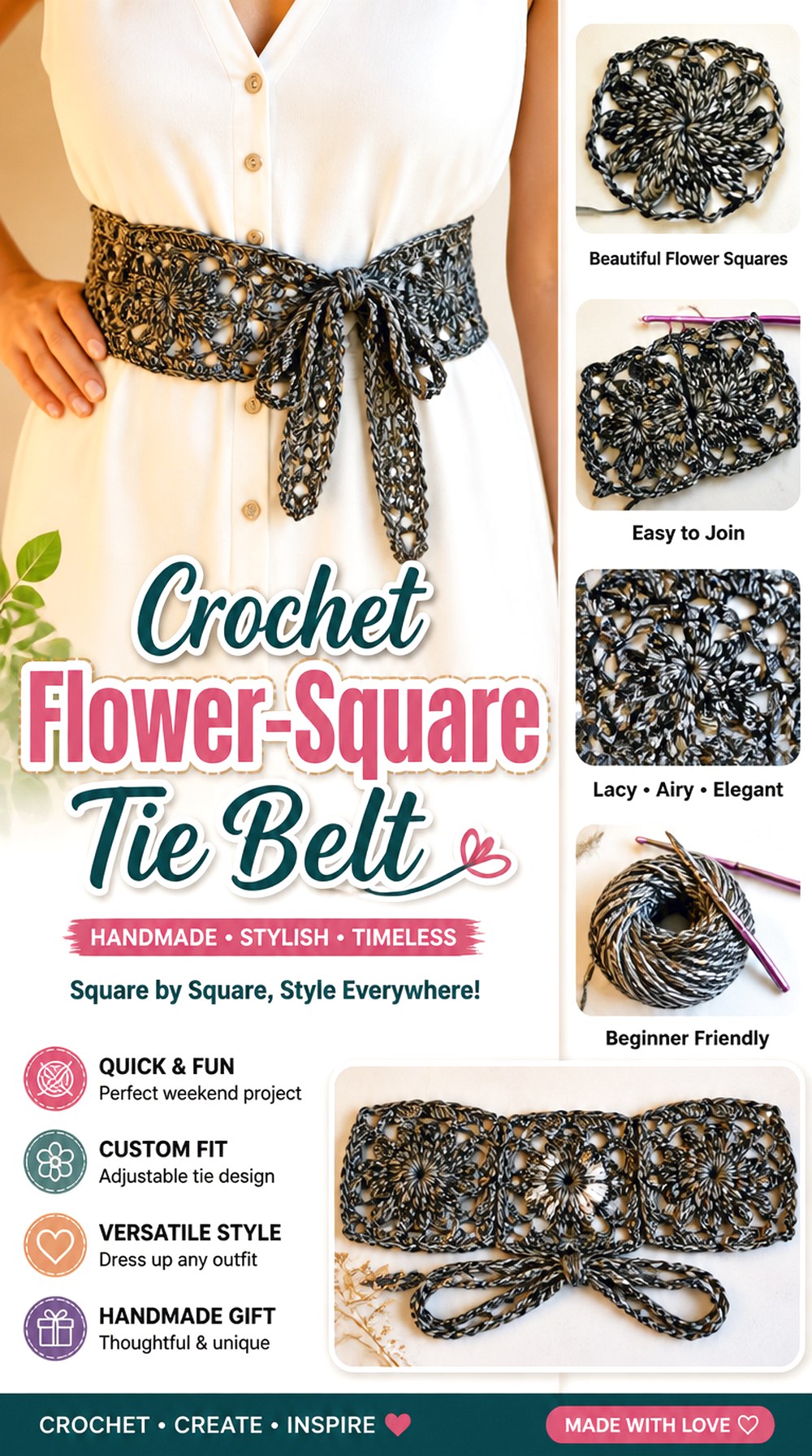 Crochet Flower Square Tie Belt