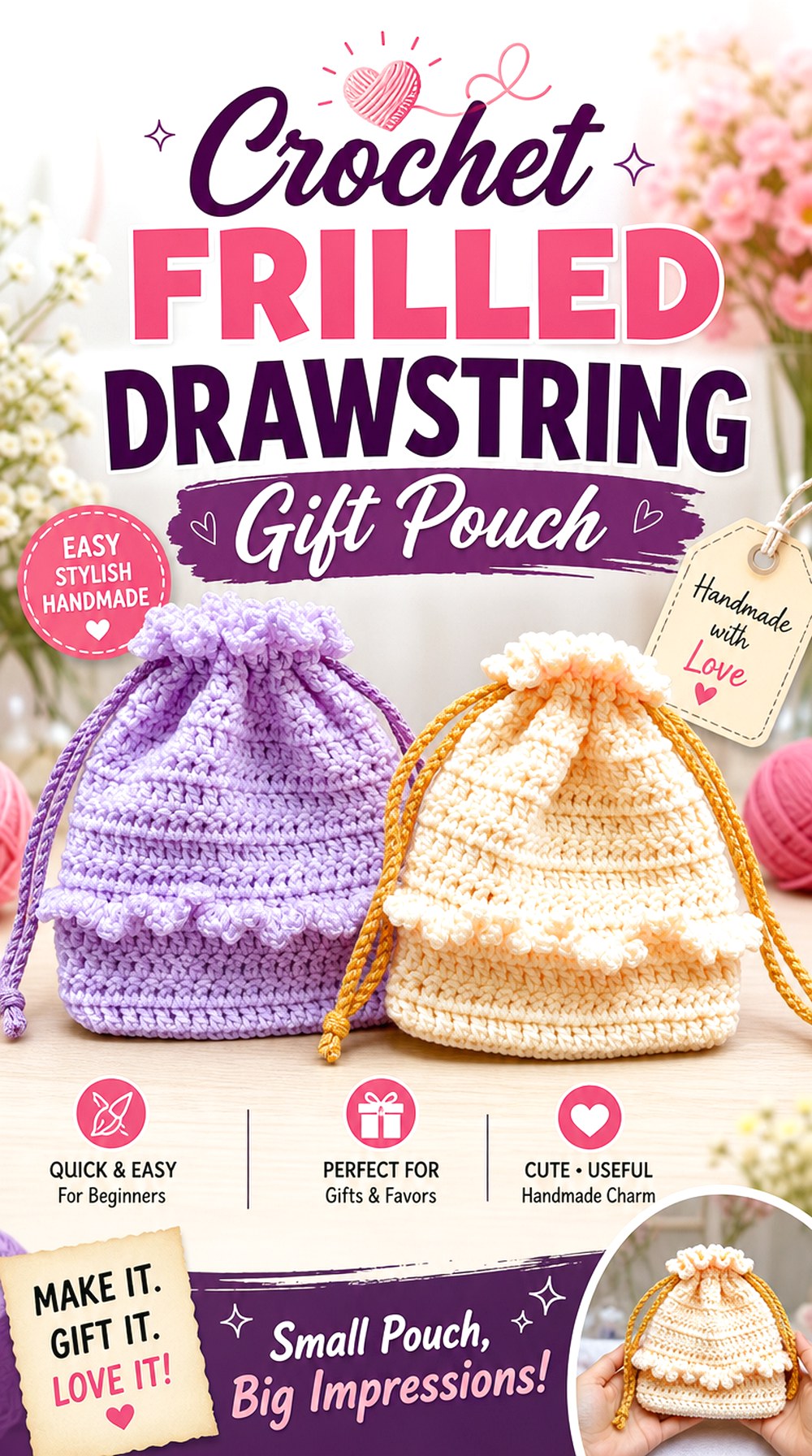 Crochet Frilled Drawstring Gift Pouch