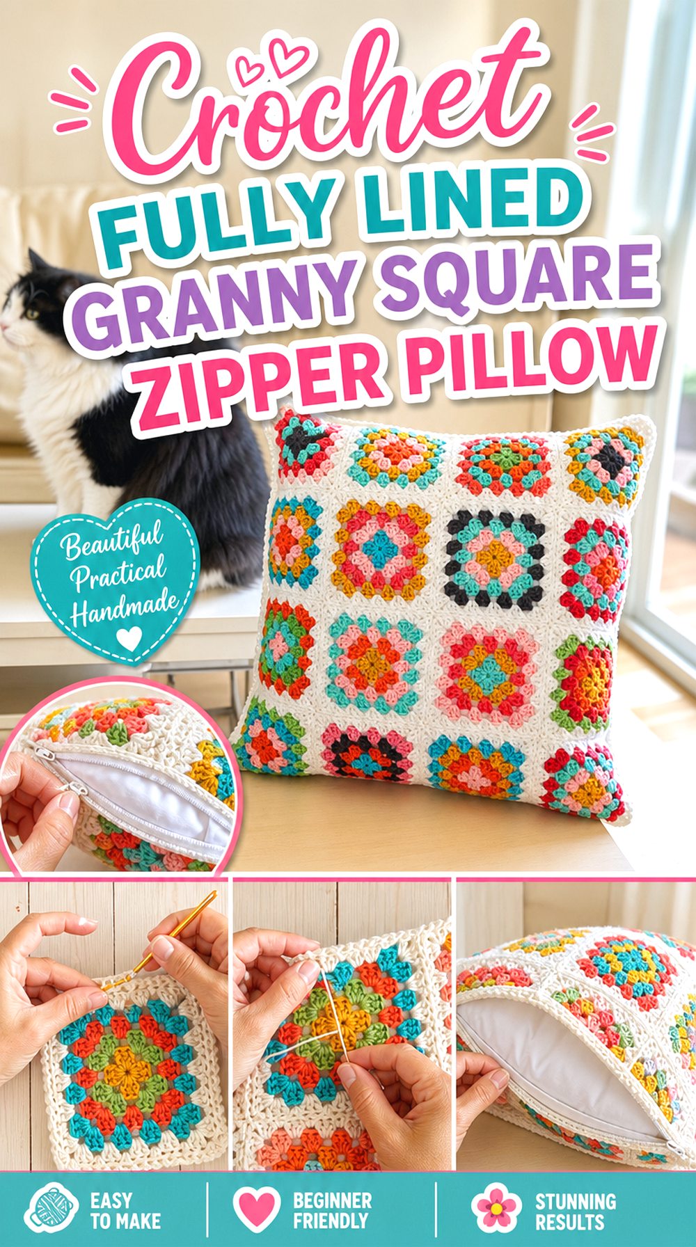 Crochet Fully Lined Granny Square Zipper Pillow