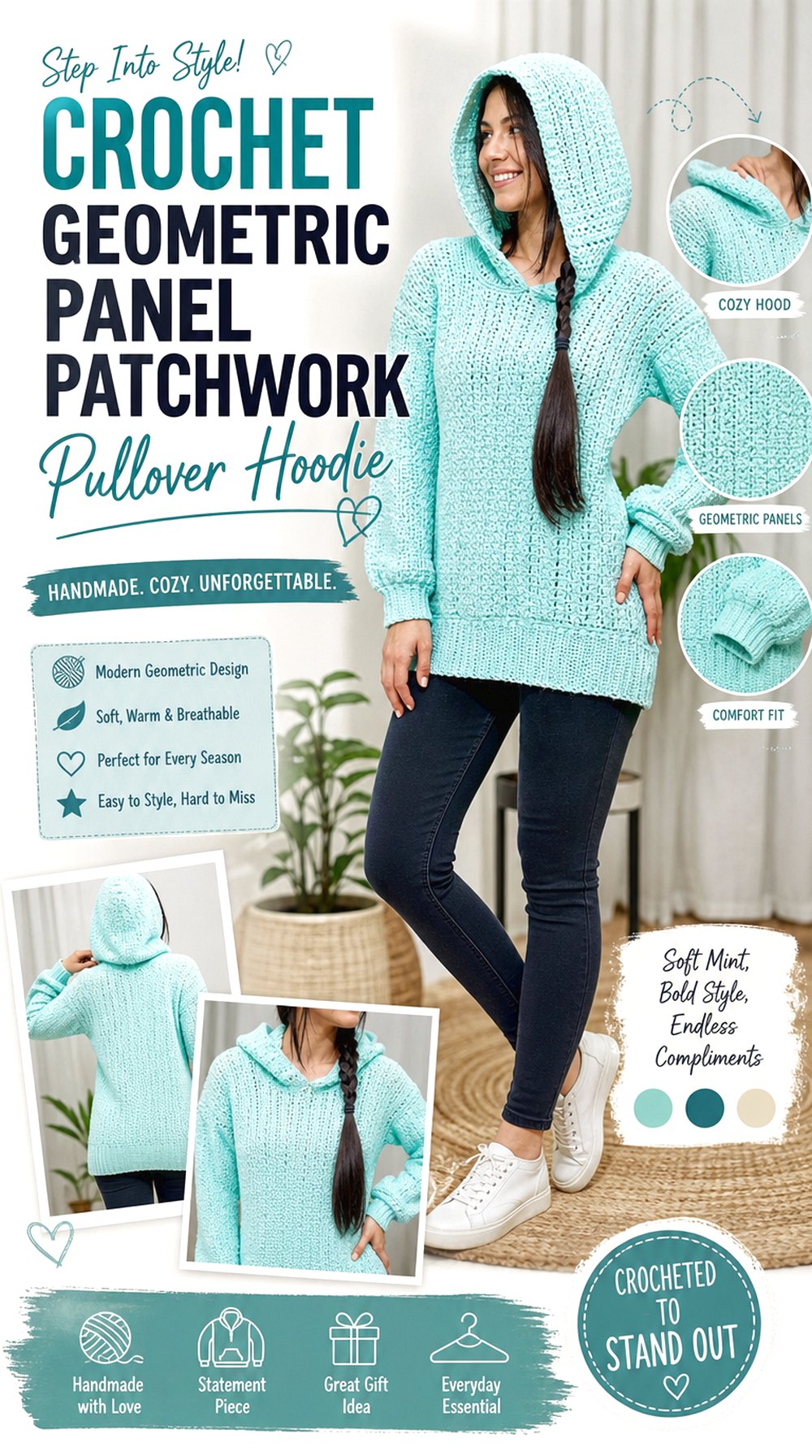 Crochet Geometric Panel Patchwork Pullover Hoodie