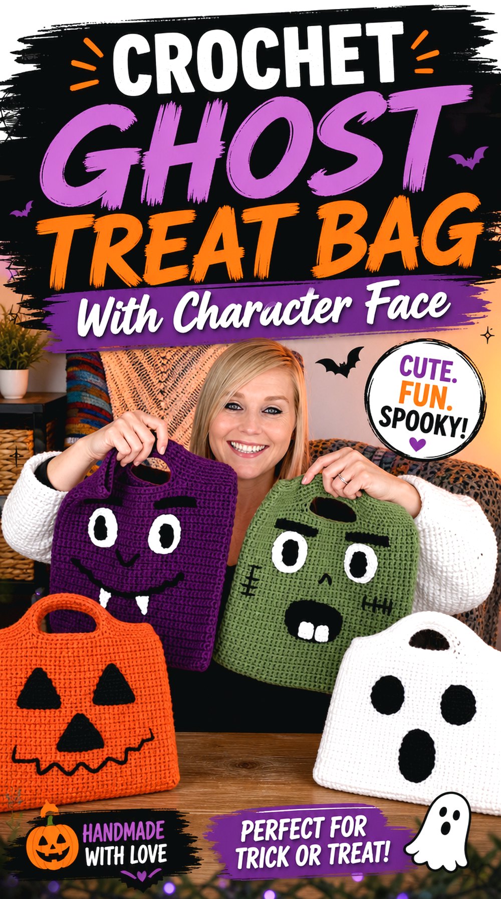 Crochet Ghost Treat Bag With Character Face
