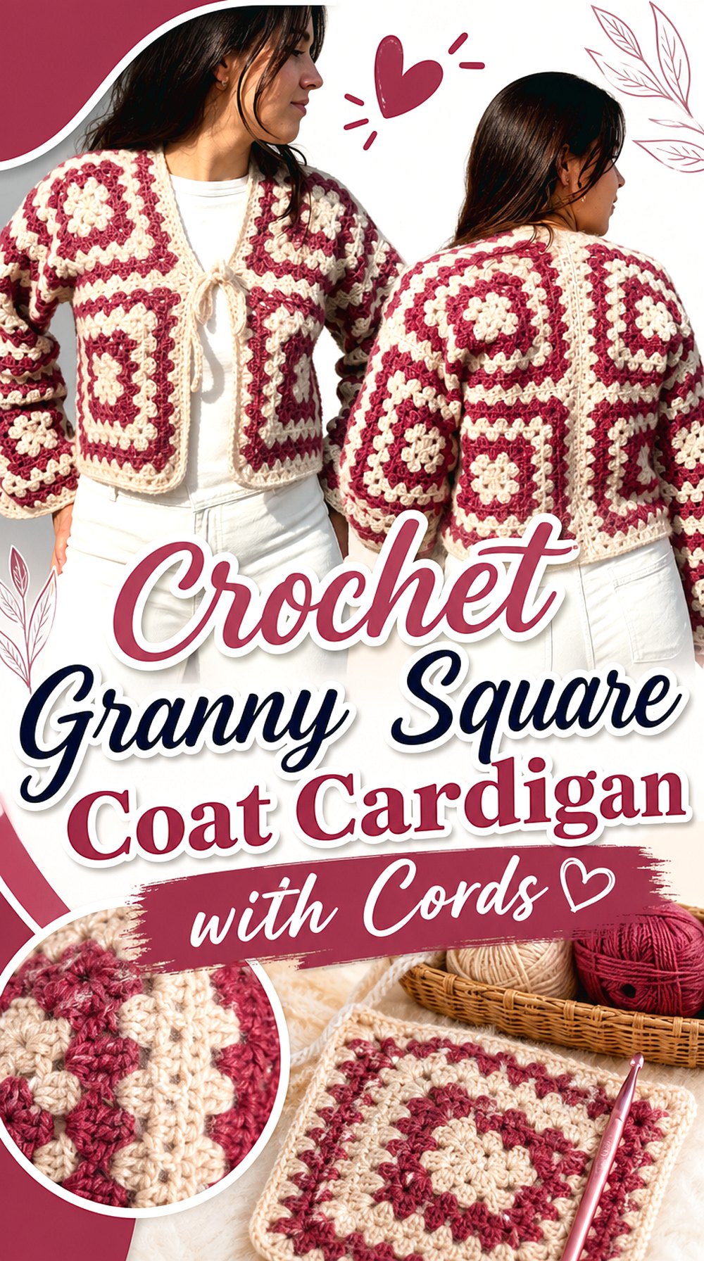 Crochet Granny Square Coat Cardigan with Cords
