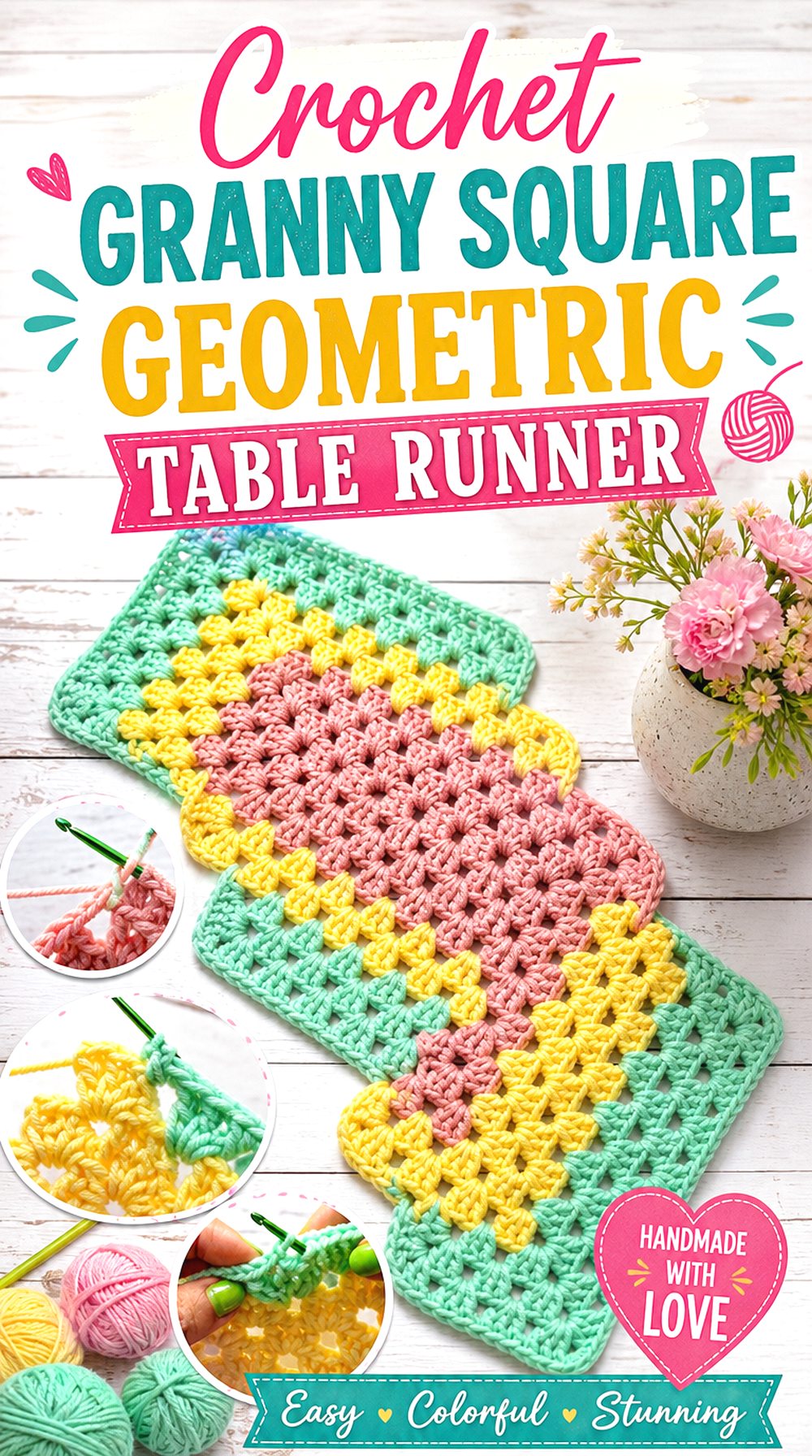 Crochet Granny Square Geometric Table Runner