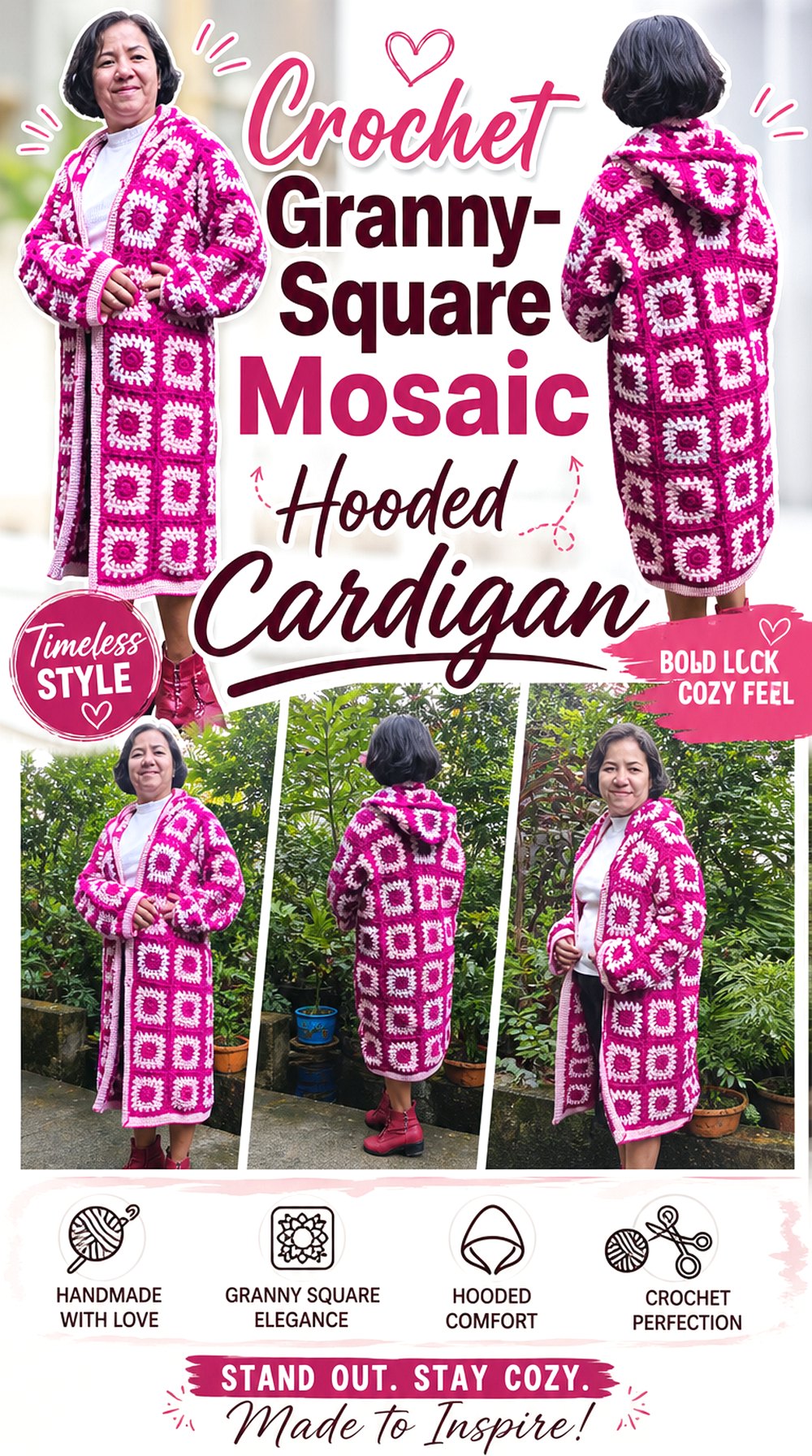 Crochet Granny Square Mosaic Hooded Cardigan