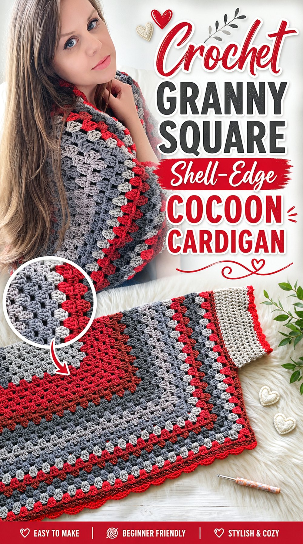 Crochet Granny Square Shell Edge Cocoon Cardigan
