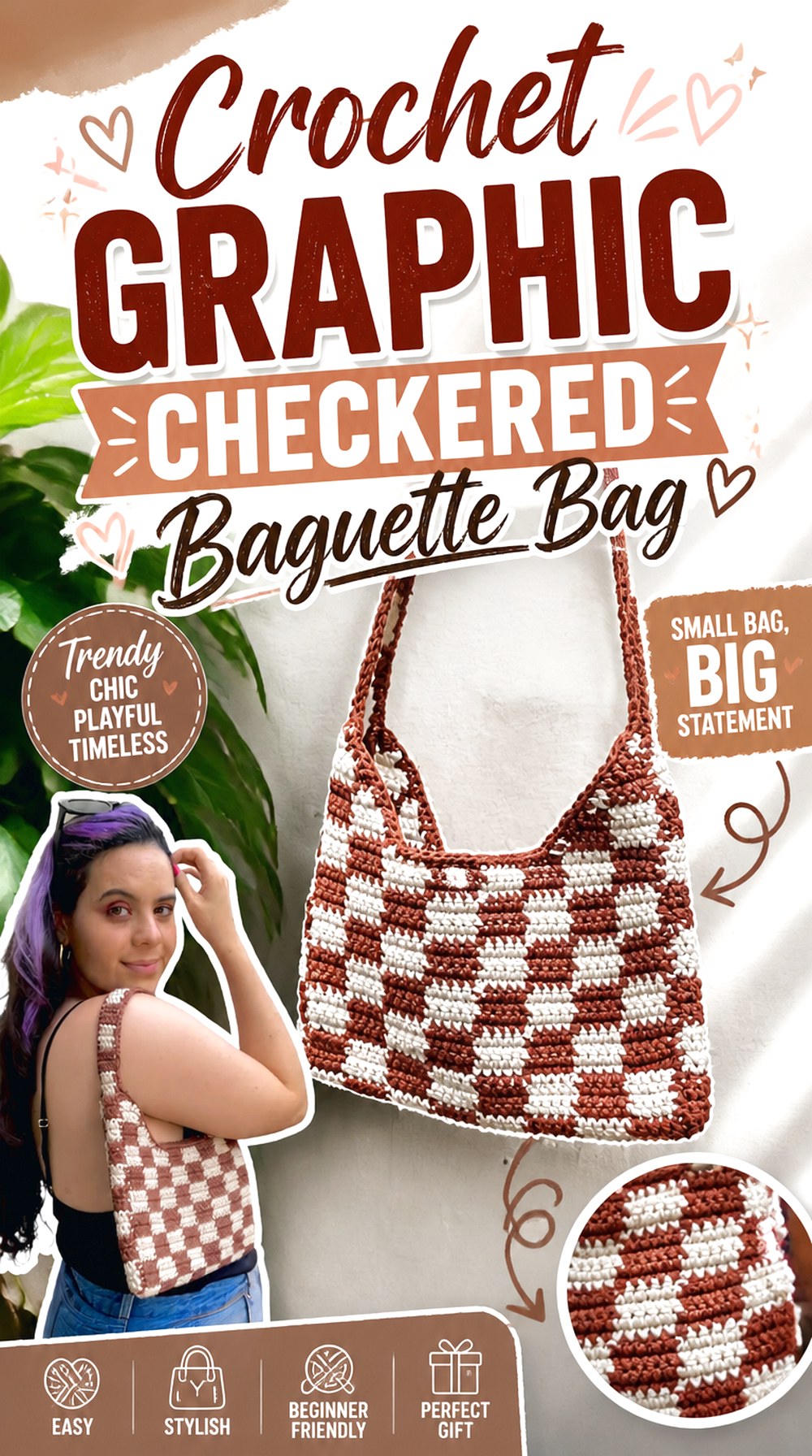 Crochet Graphic Checkered Baguette Bag
