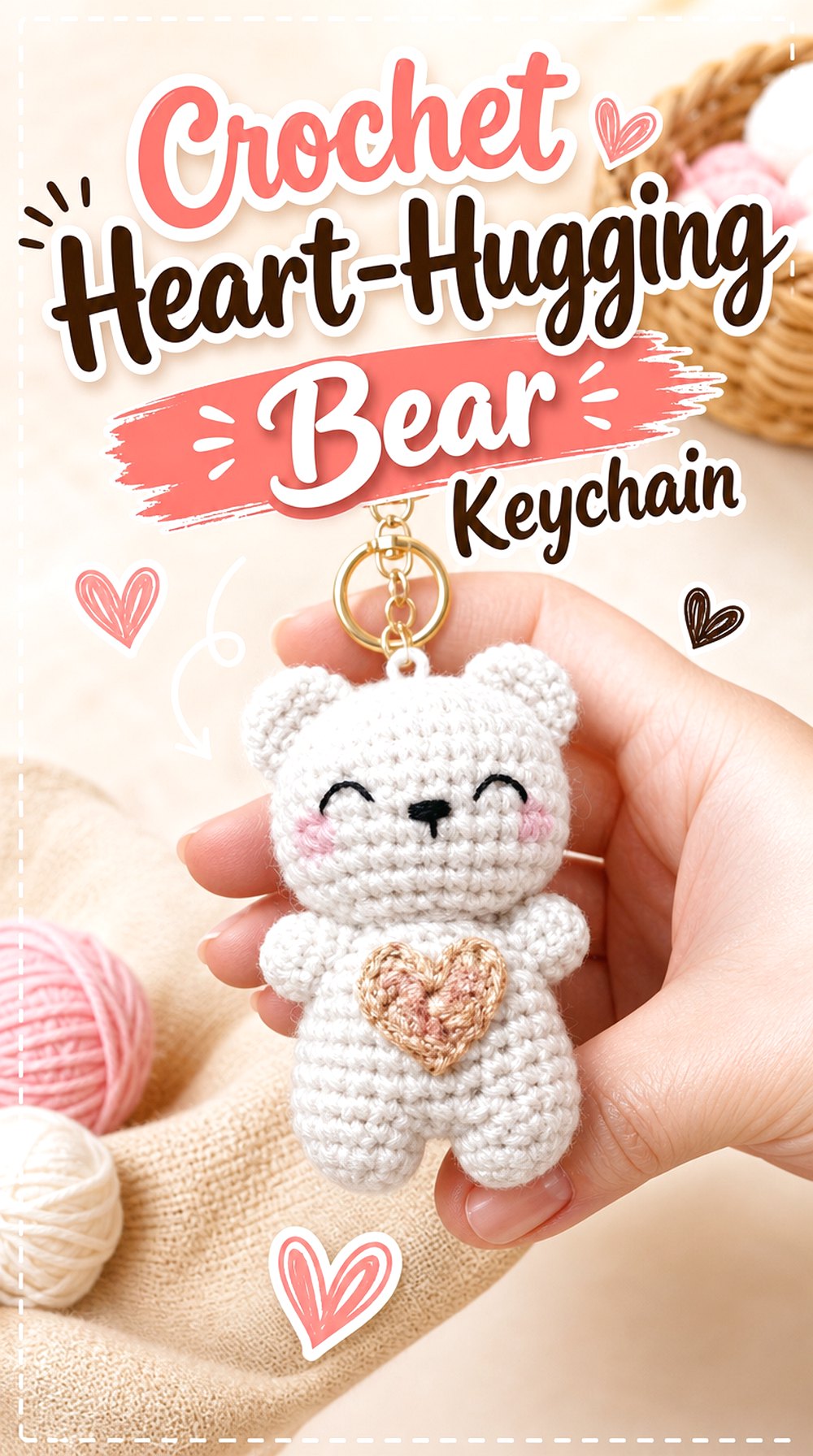 Crochet Heart Hugging Bear Keychain