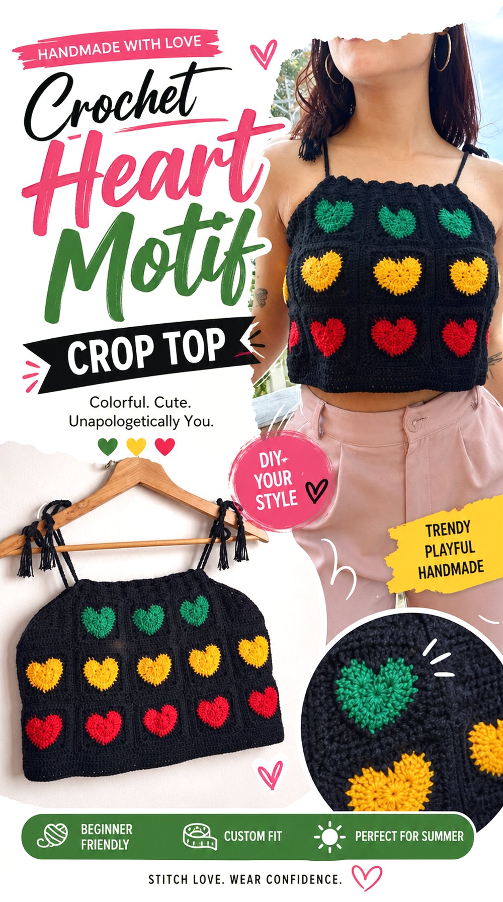 Crochet Heart Motif Crop Top
