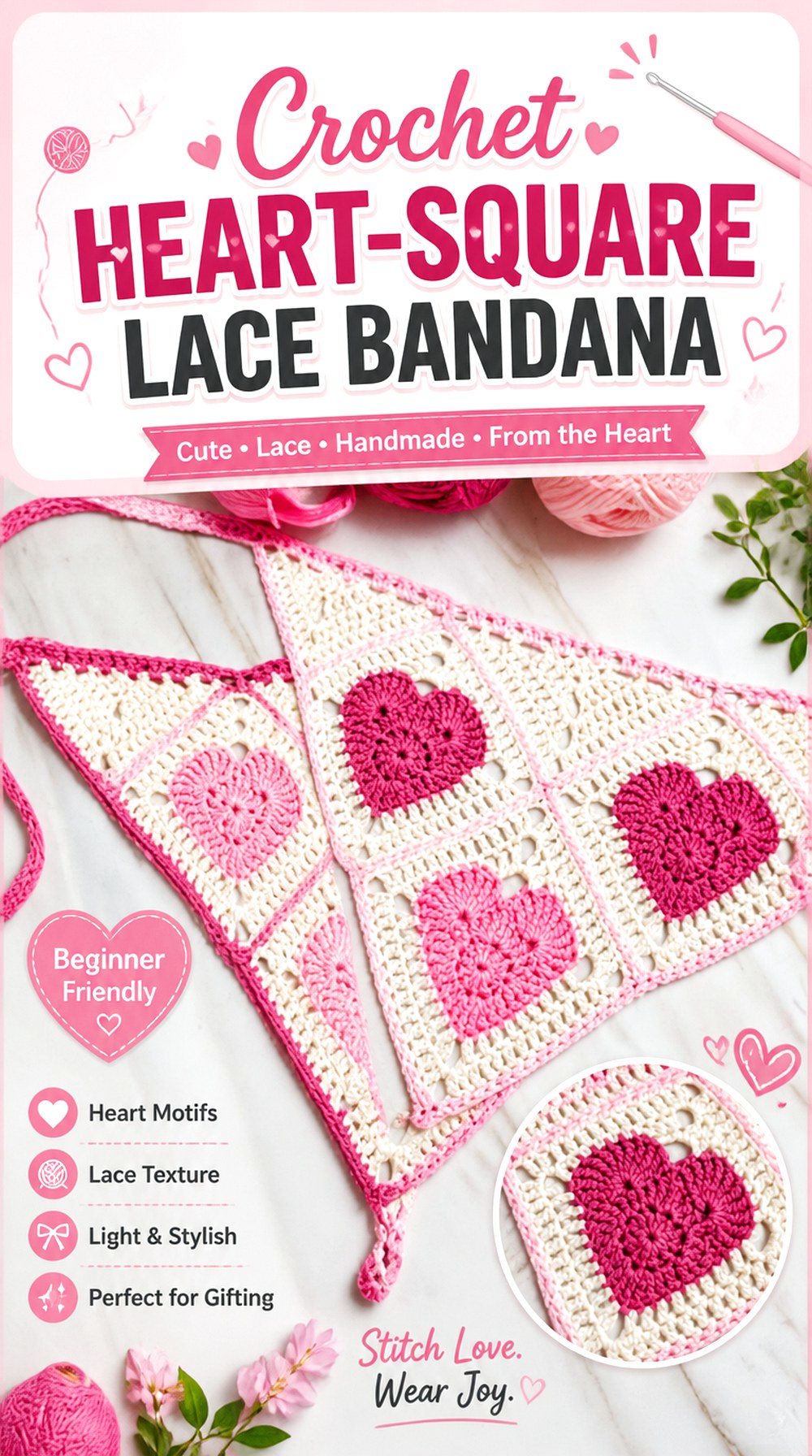 Crochet Heart Square Lace Bandana