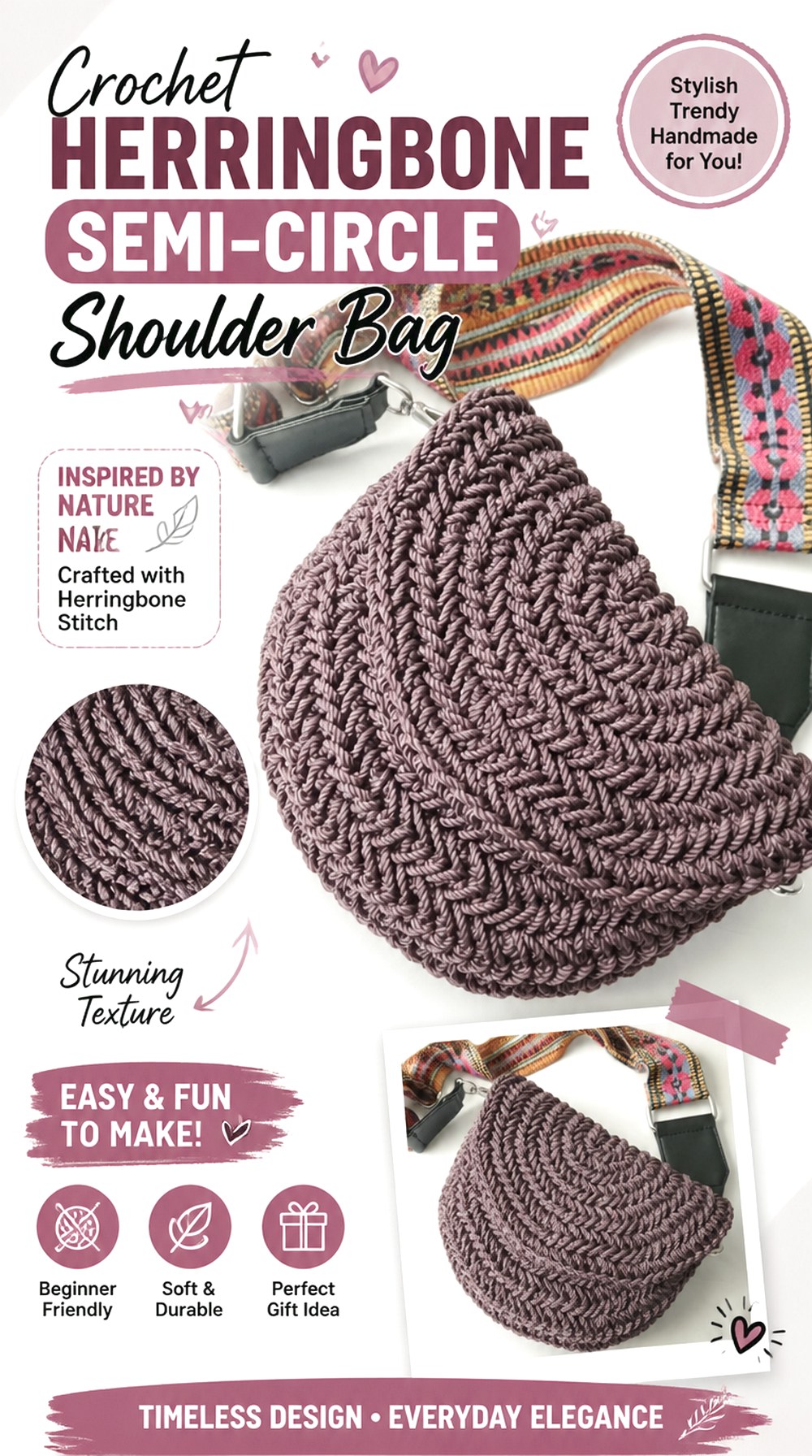 Crochet Herringbone Semi Circle Shoulder Bag