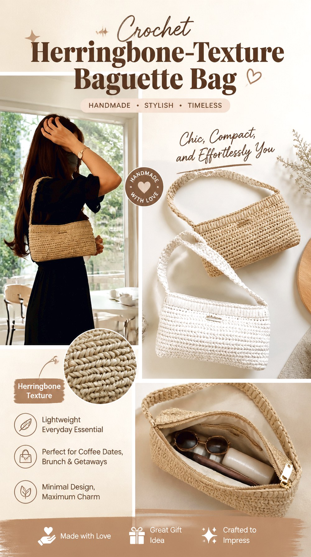 Crochet Herringbone Texture Baguette Bag