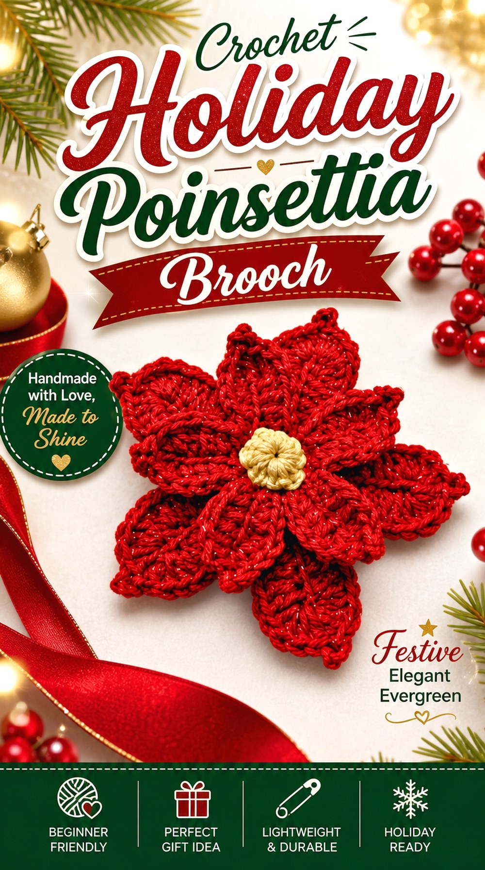 Crochet Holiday Poinsettia Brooch