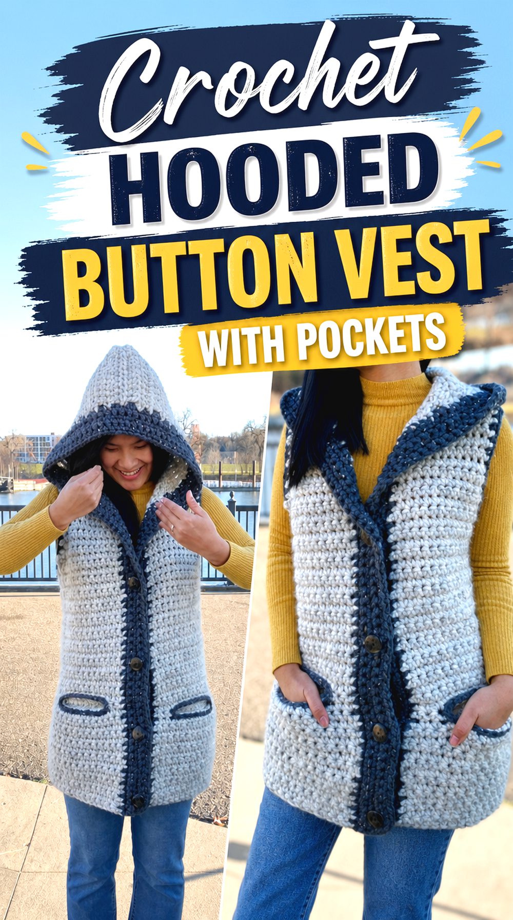 Crochet Hooded Button Vest With Pockets