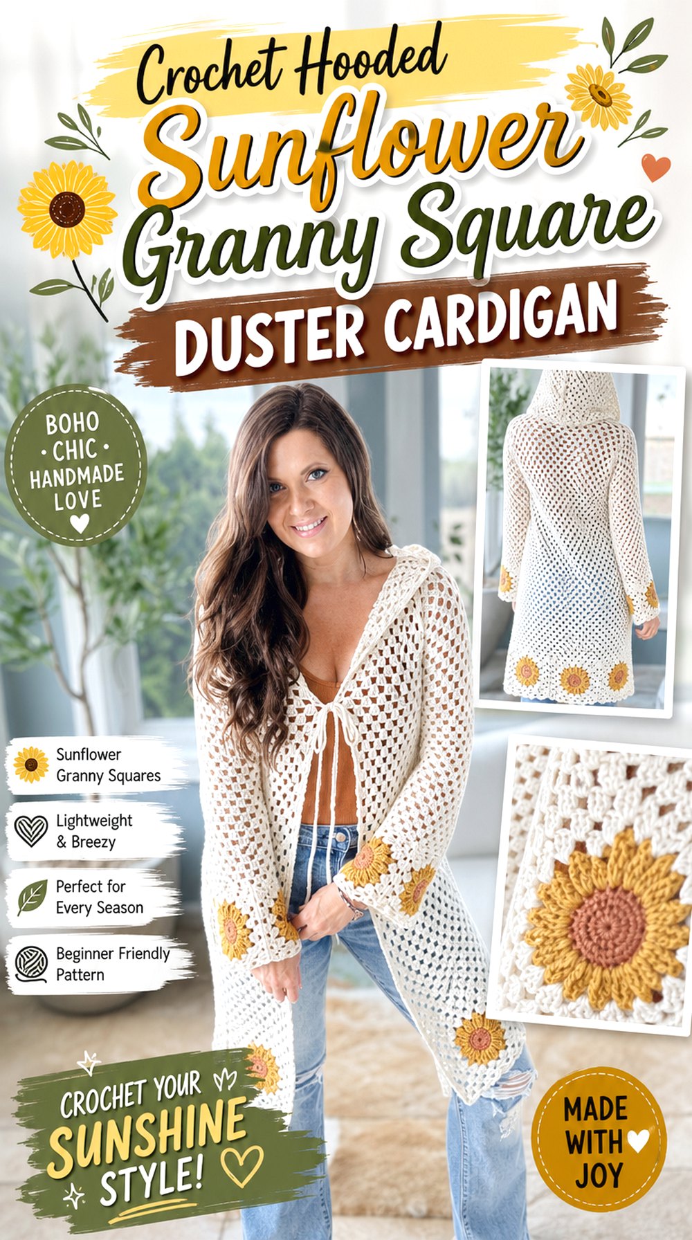 Crochet Hooded Sunflower Granny Square Duster Cardigan