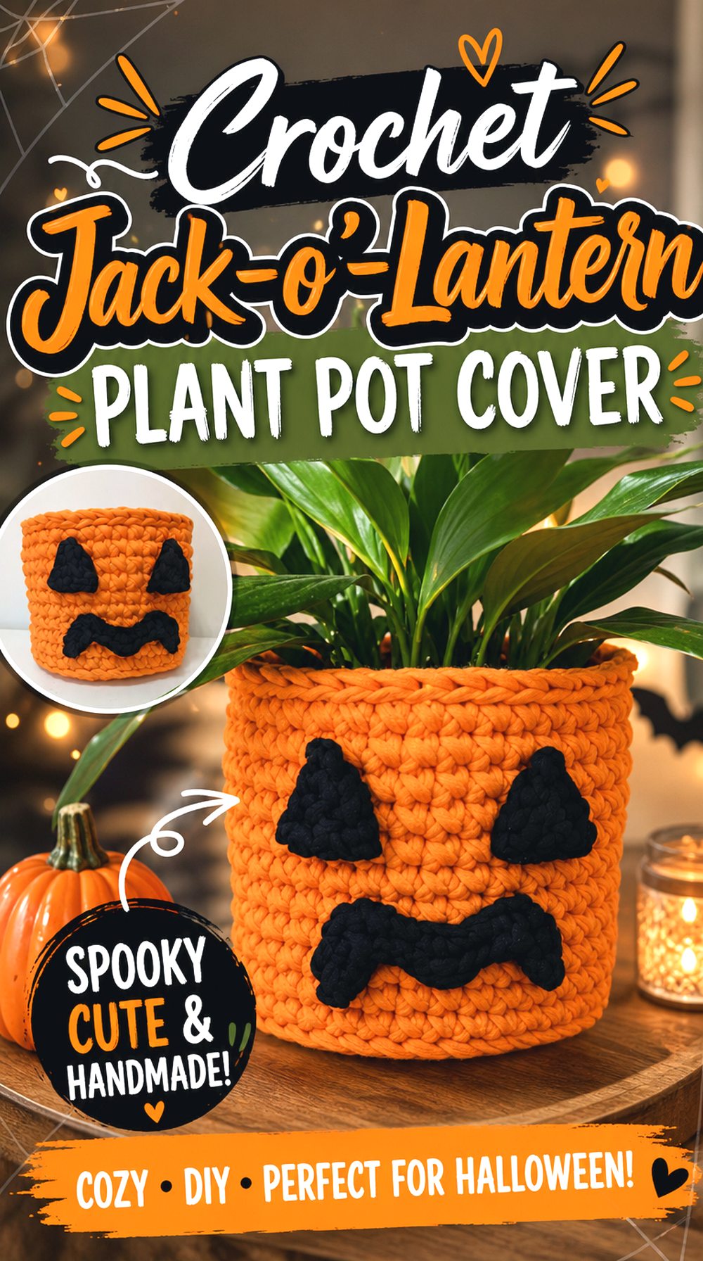 Crochet Jack o’ Lantern Plant Pot Cover