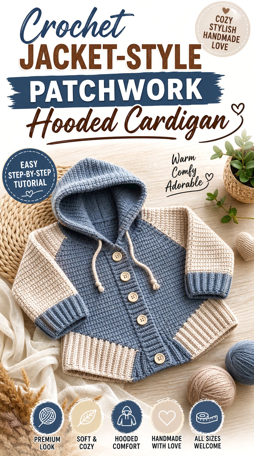 Crochet Jacket Style Patchwork Hooded Cardigan