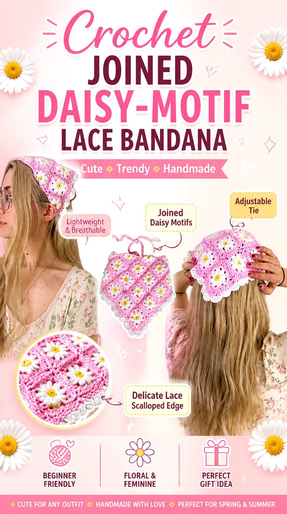 Crochet Joined Daisy Motif Lace Bandana