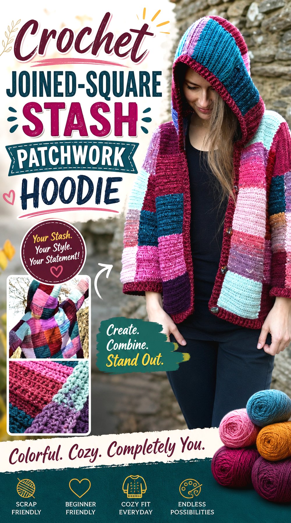 Crochet Joined Square Stash Patchwork Hoodie