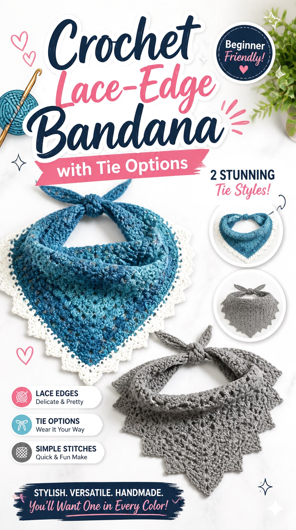 Crochet Lace Edge Bandana with Tie Options