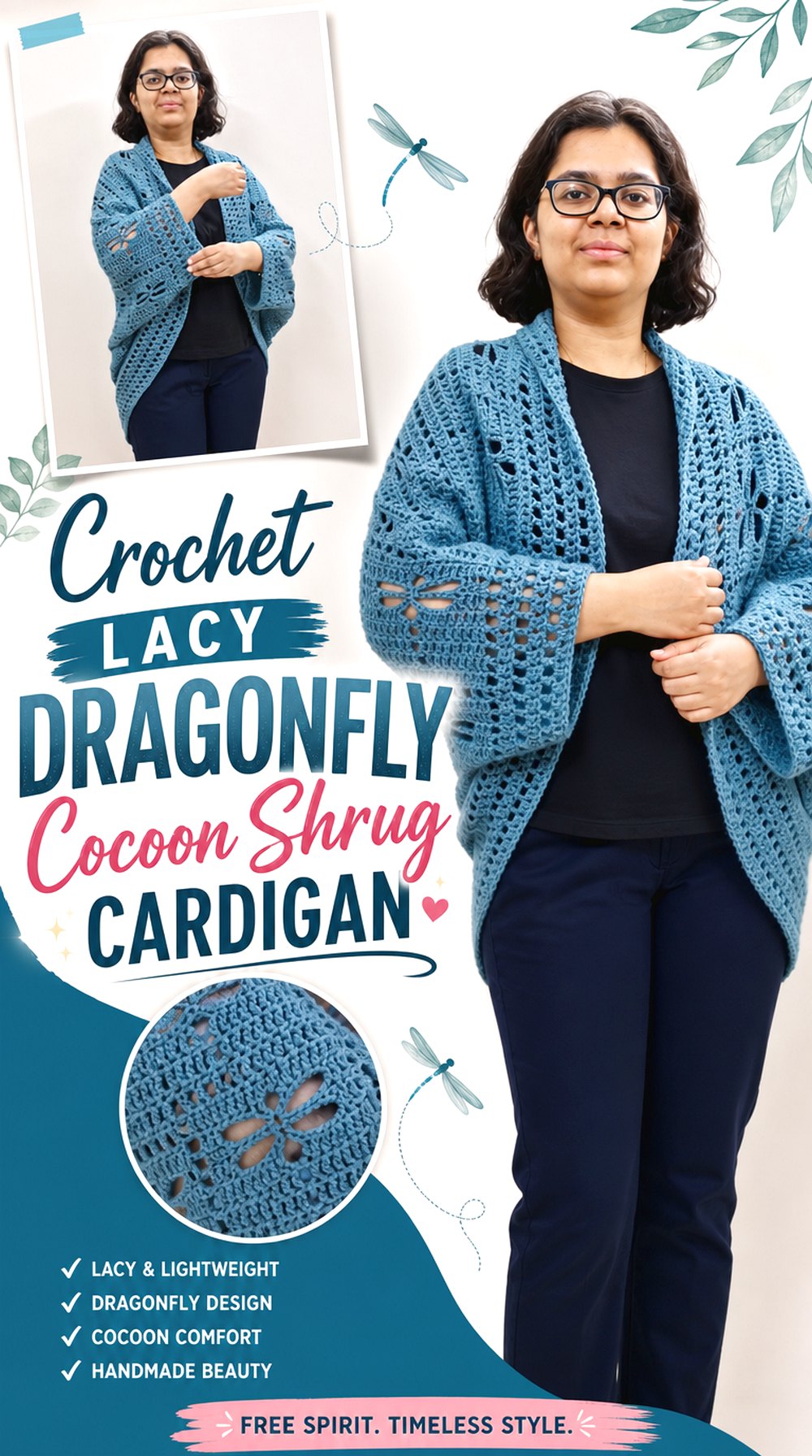 Crochet Lacy Dragonfly Cocoon Shrug Cardigan