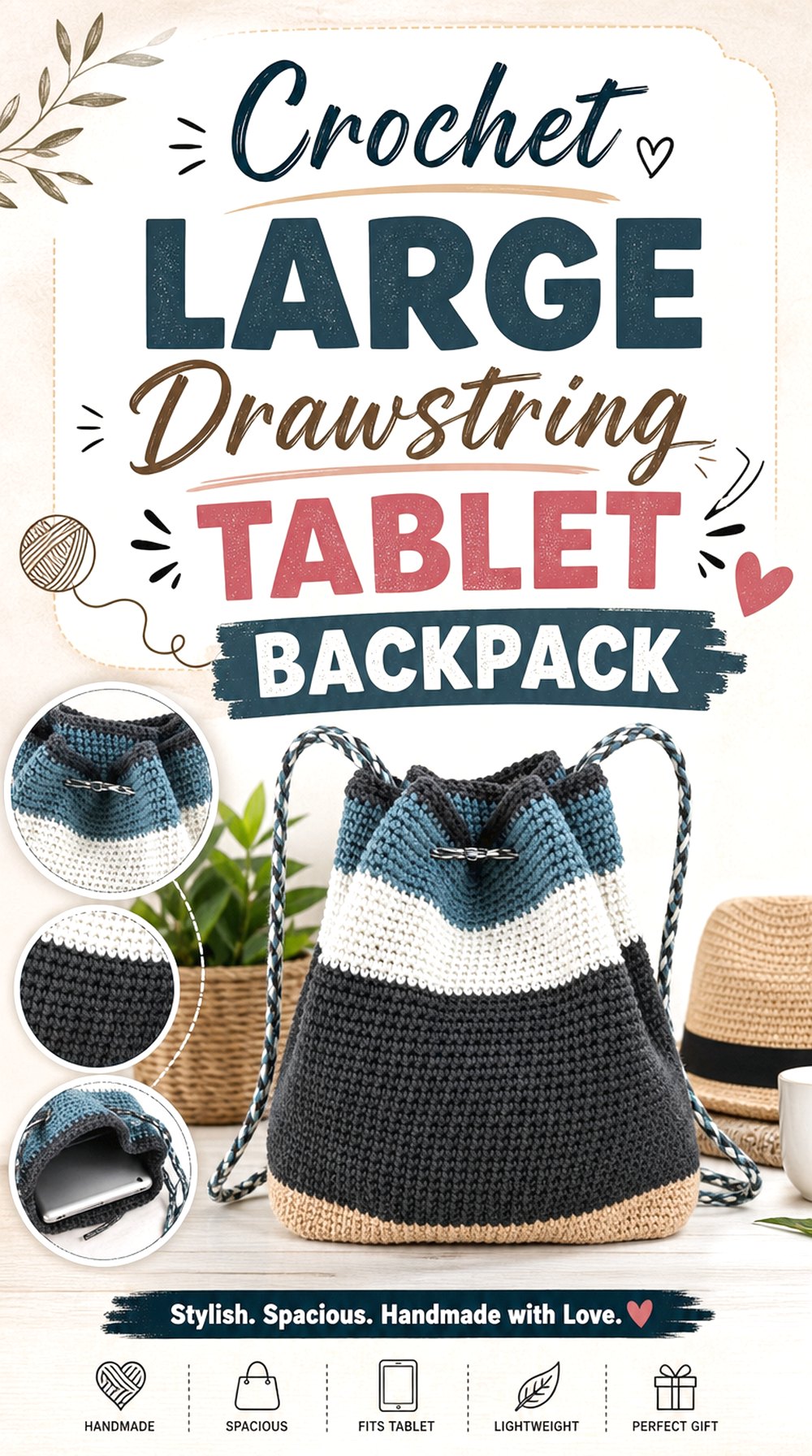 Crochet Large Drawstring Tablet Backpack