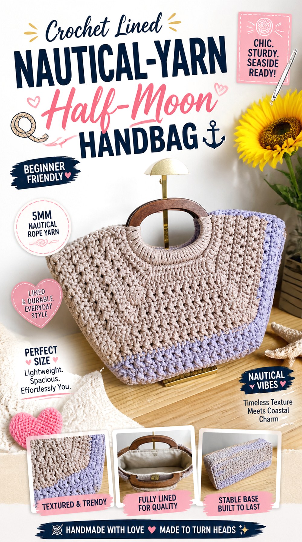 Crochet Lined Nautical Yarn Half Moon Handbag