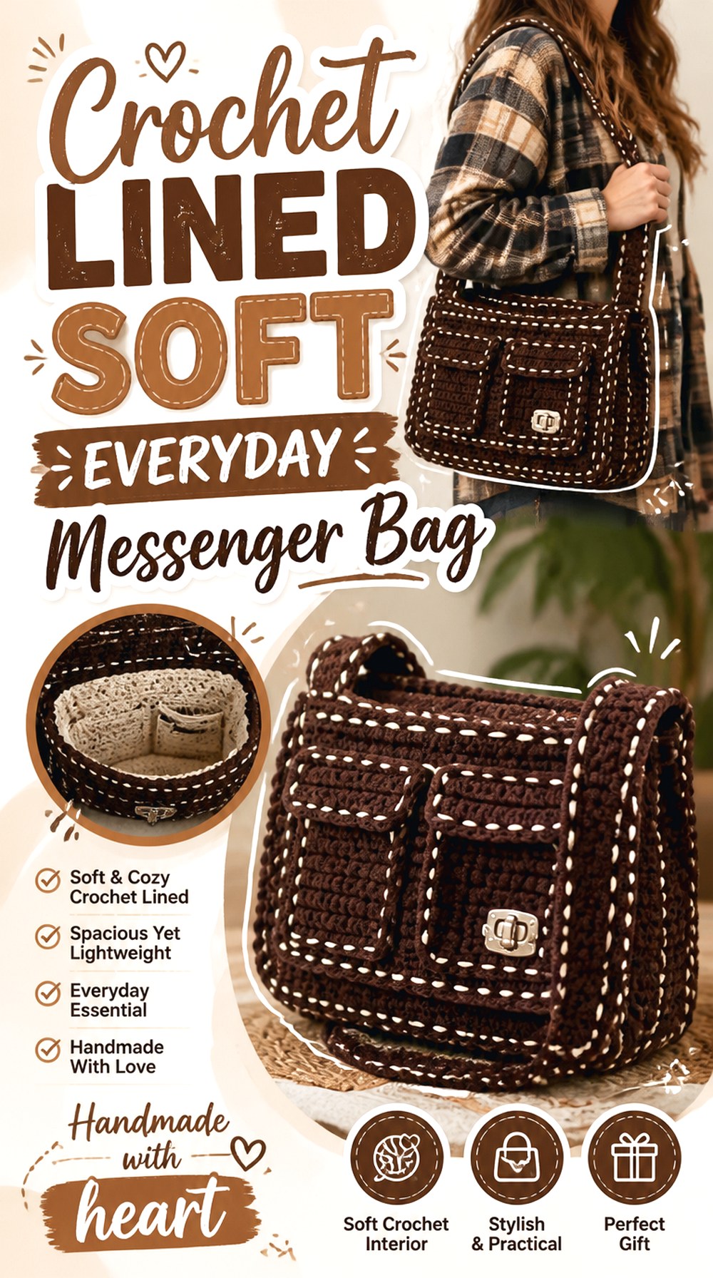 Crochet Lined Soft Everyday Messenger Bag