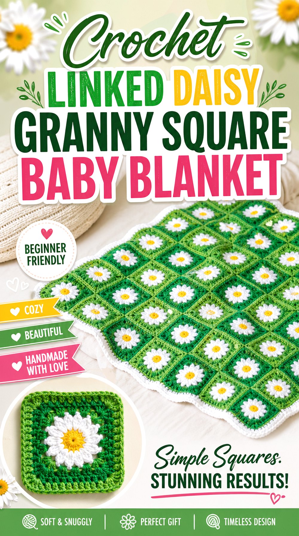 Crochet Linked Daisy Granny Square Baby Blanket