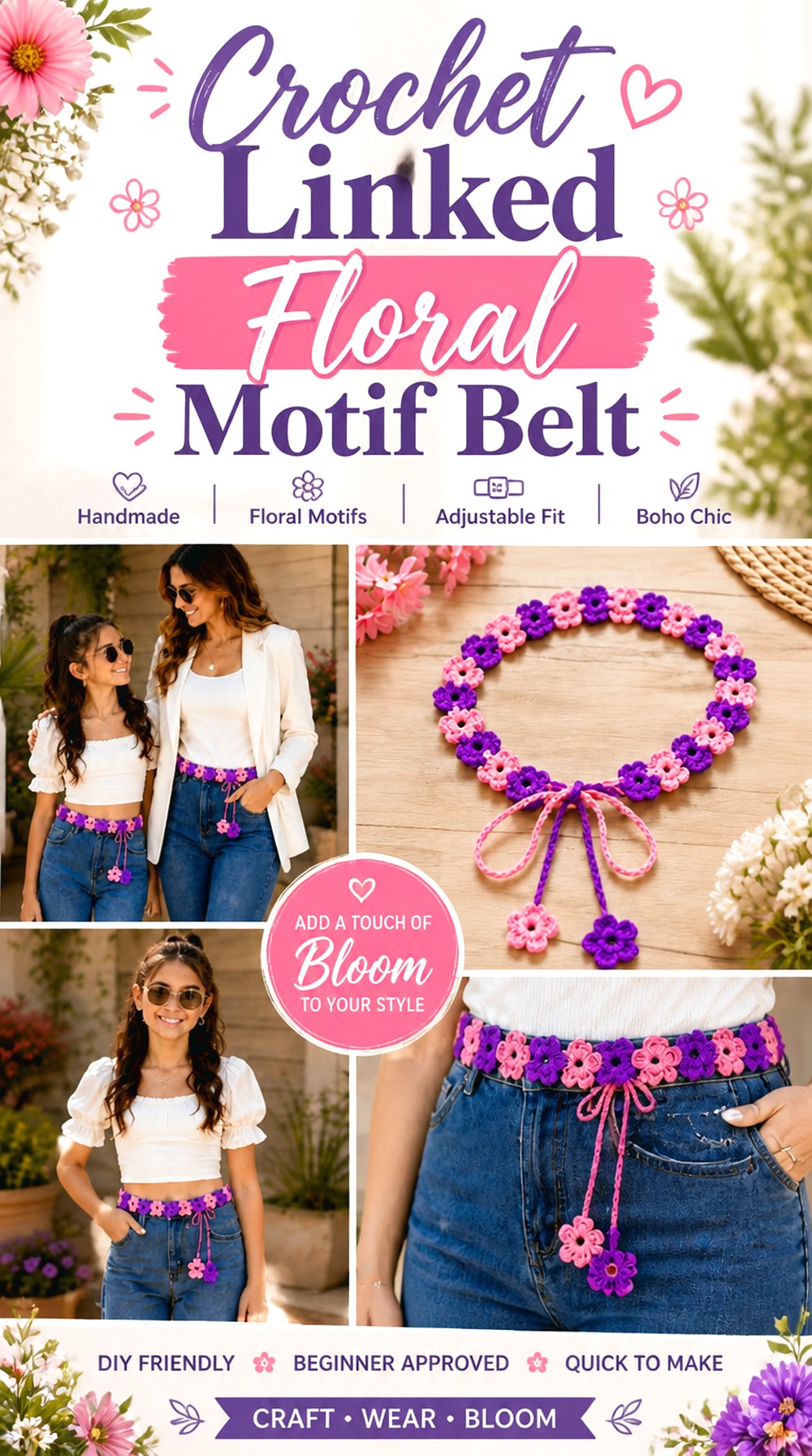 Crochet Linked Floral Motif Belt
