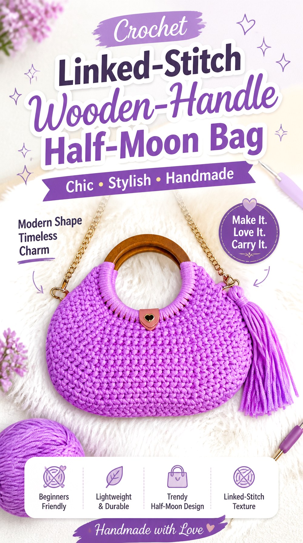 Crochet Linked Stitch Wooden Handle Half Moon Bag