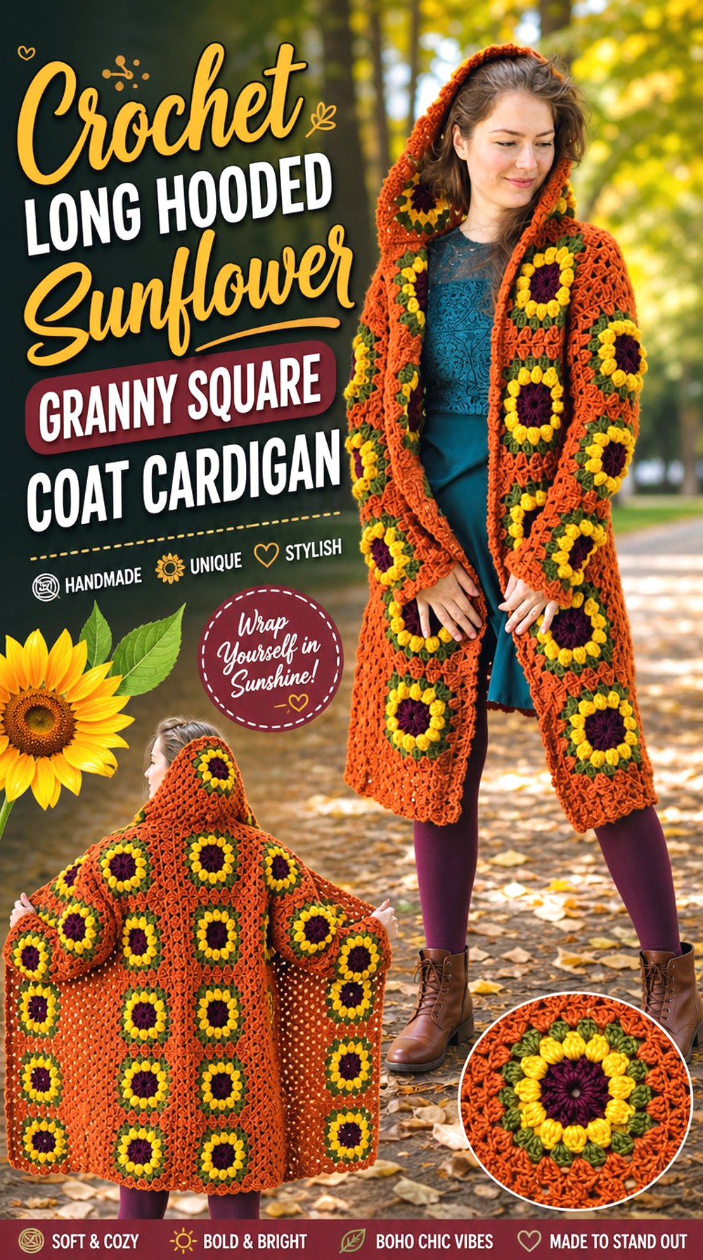 Crochet Long Hooded Sunflower Granny Square Coat Cardigan