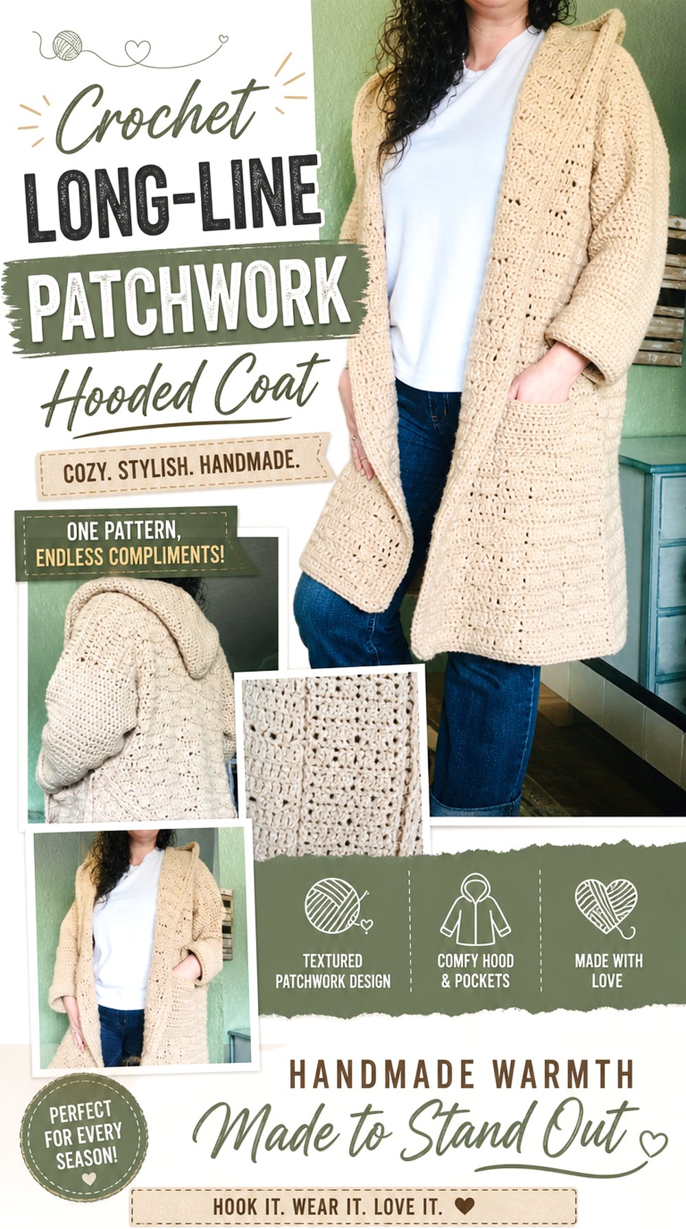 Crochet Long Line Patchwork Hooded Coat