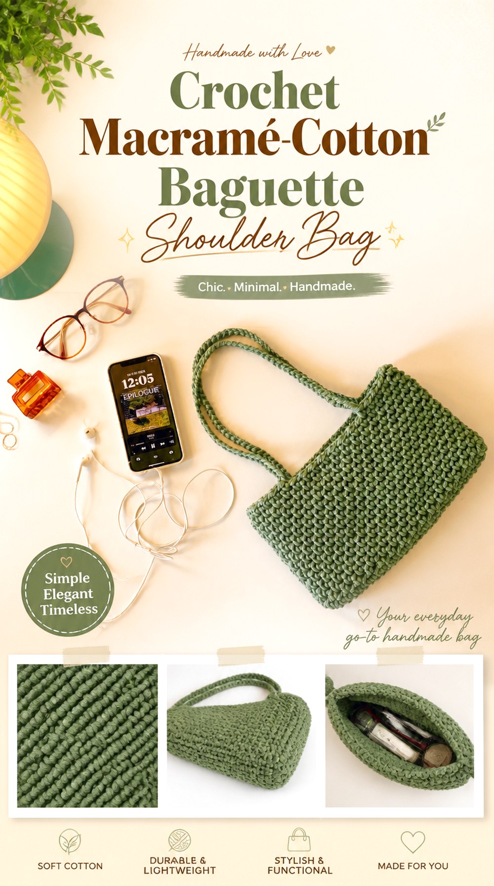 Crochet Macramé Cotton Baguette Shoulder Bag
