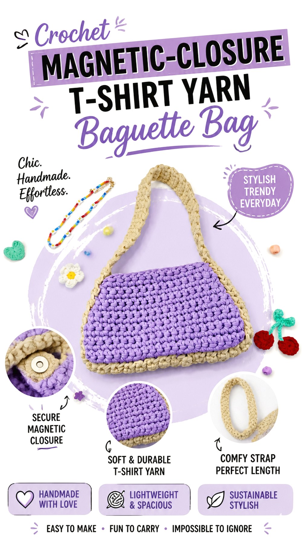 Crochet Magnetic Closure T Shirt Yarn Baguette Bag