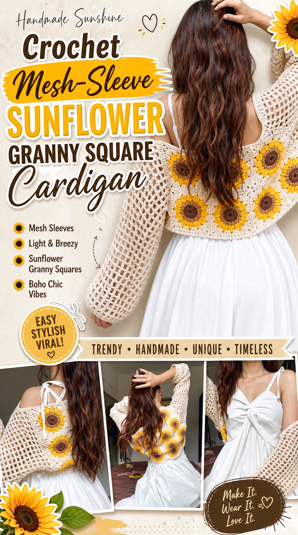 Crochet Mesh Sleeve Sunflower Granny Square Cardigan
