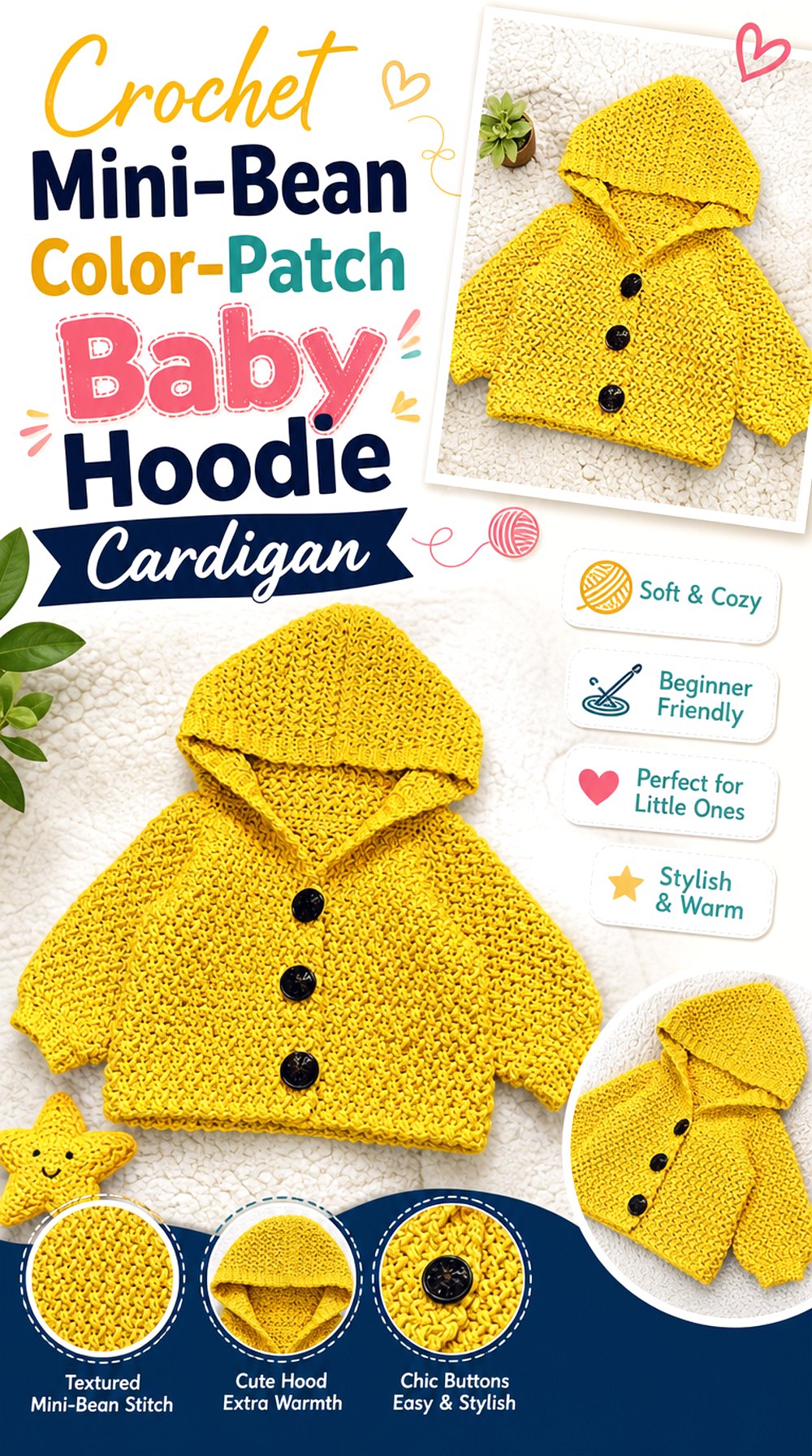 Crochet Mini Bean Color Patch Baby Hoodie Cardigan