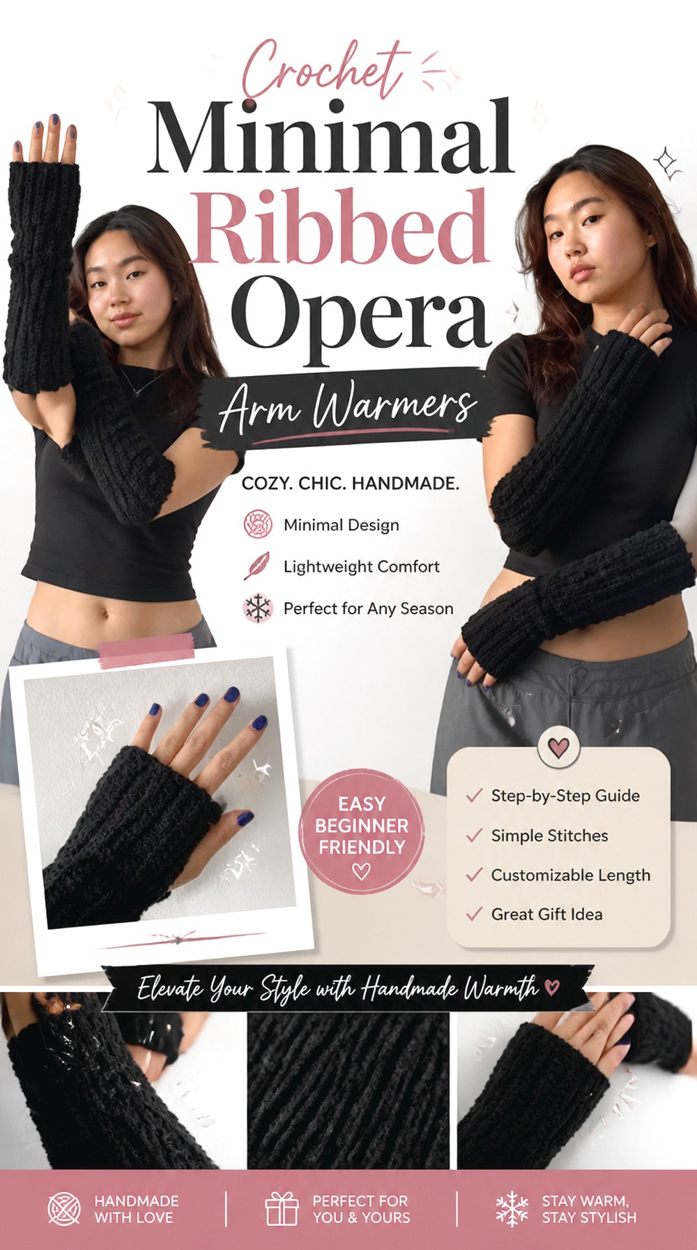 Crochet Minimal Ribbed Opera Arm Warmers