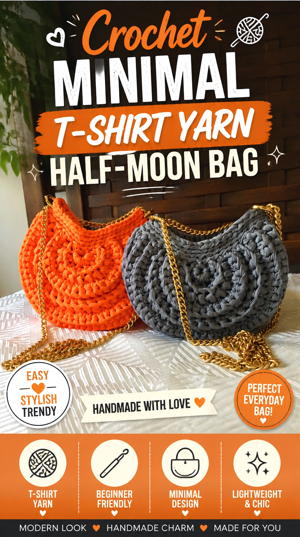 Crochet Minimal T Shirt Yarn Half Moon Bag