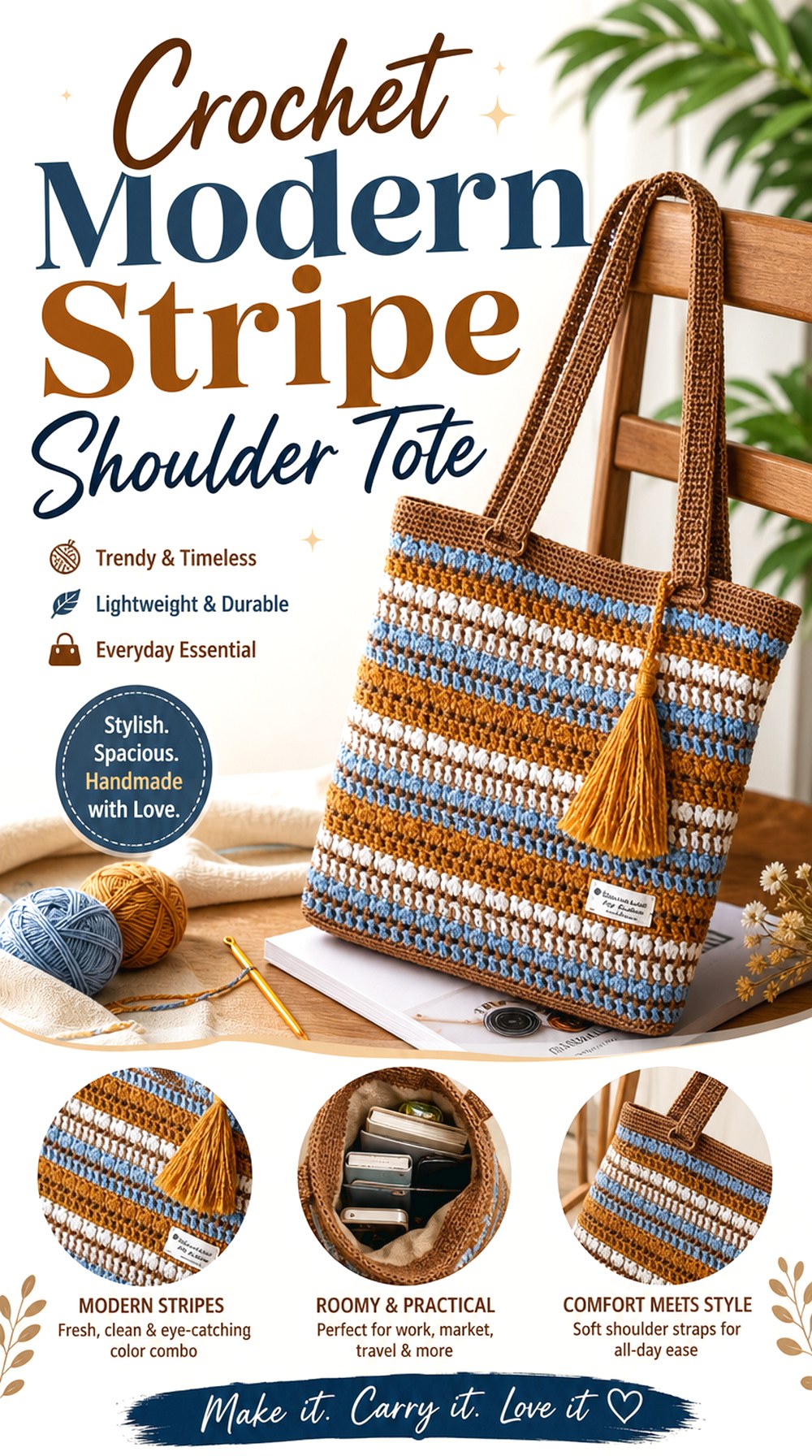 Crochet Modern Stripe Shoulder Tote