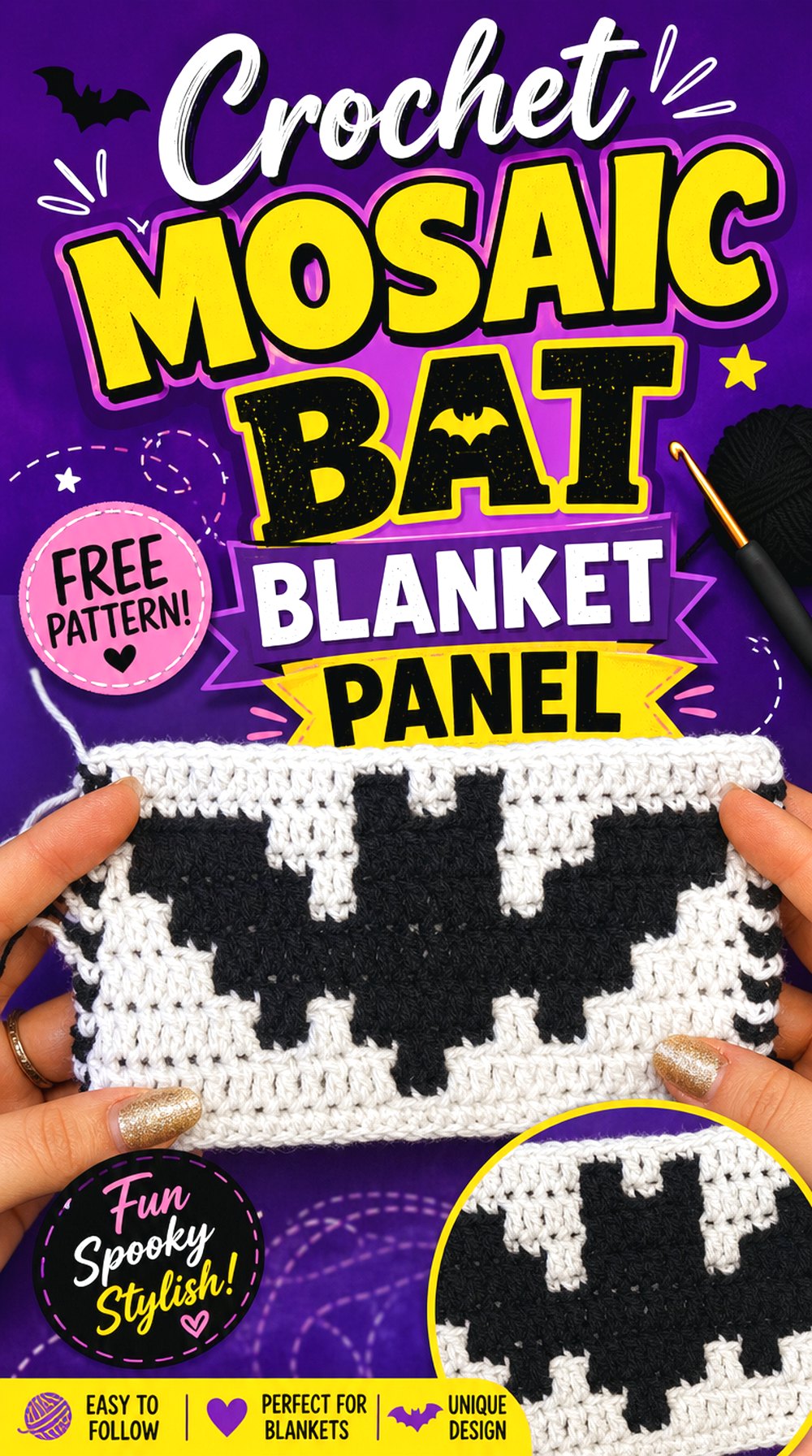 Crochet Mosaic Bat Blanket Panel