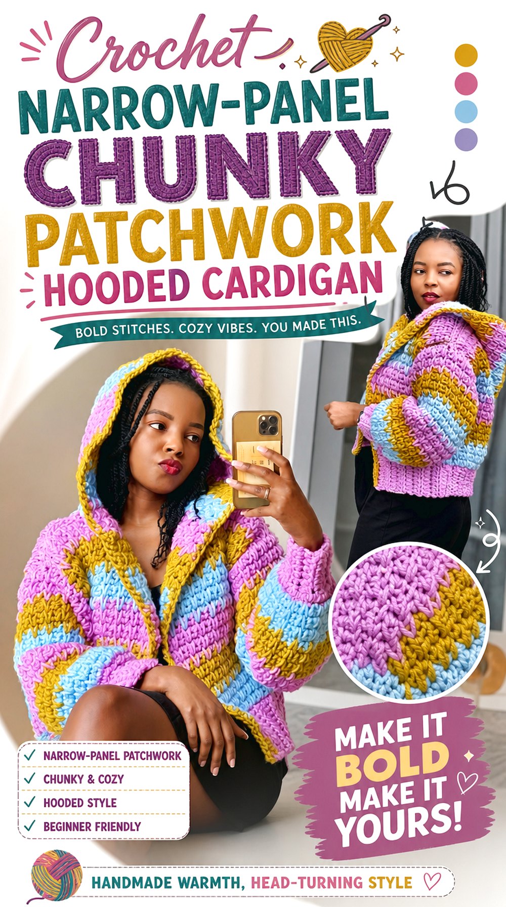 Crochet Narrow Panel Chunky Patchwork Hooded Cardigan