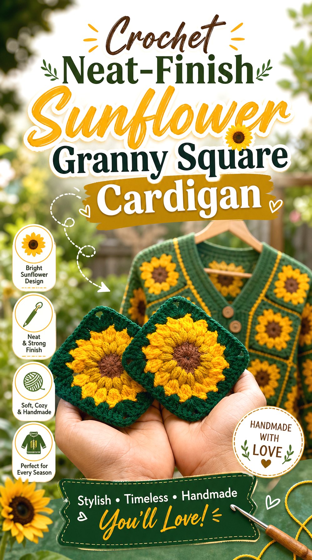 Crochet Neat Finish Sunflower Granny Square Cardigan