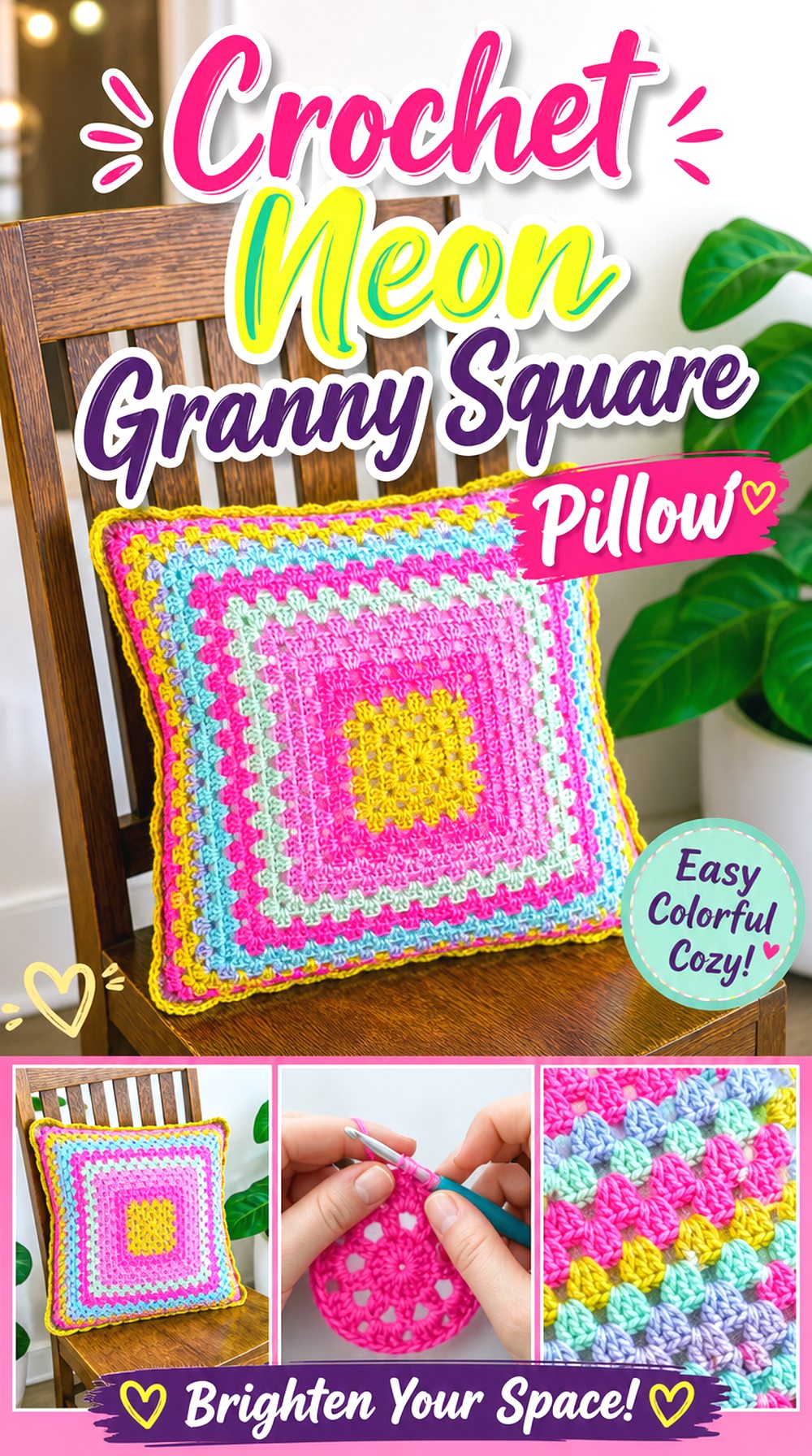 Crochet Neon Granny Square Pillow