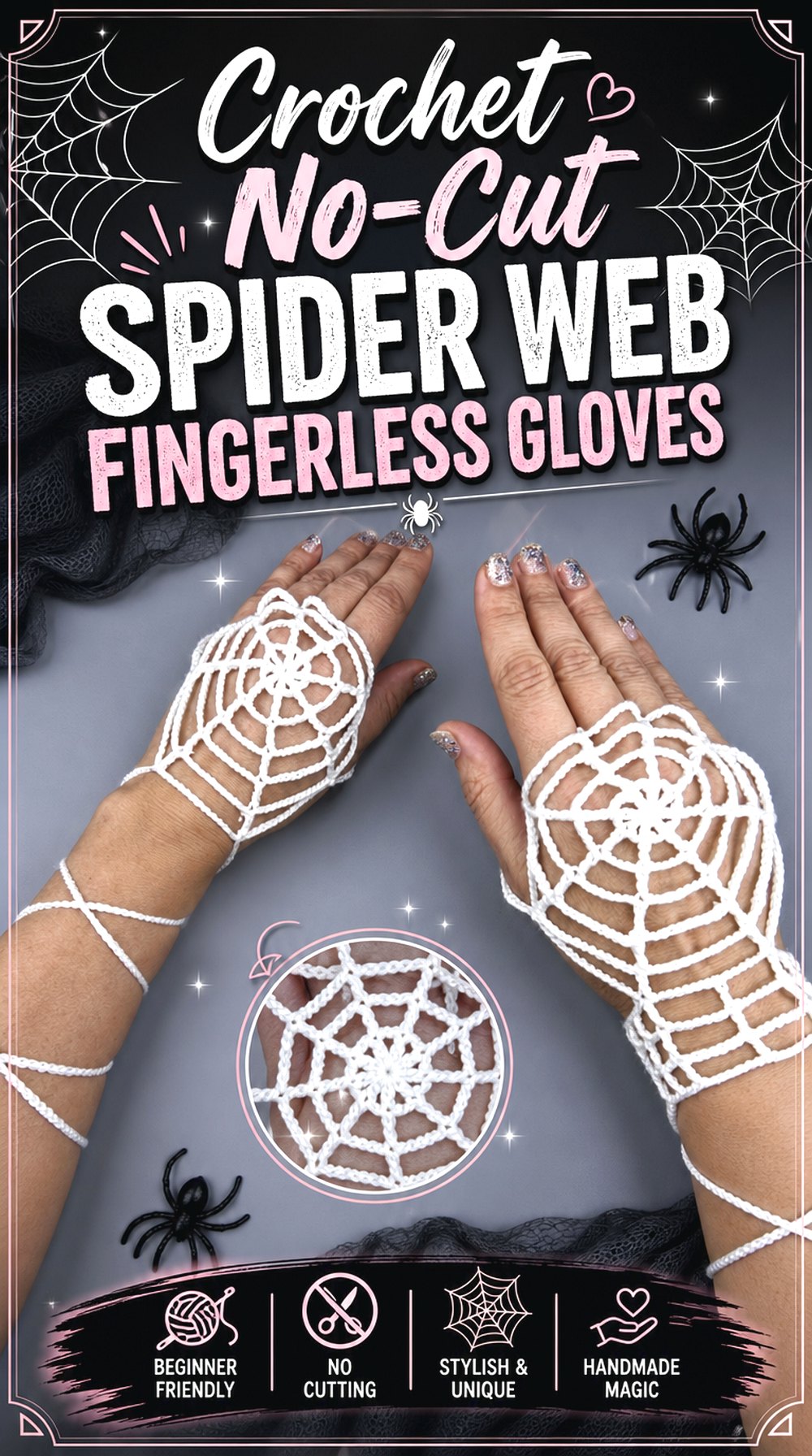 Crochet No Cut Spider Web Fingerless Gloves