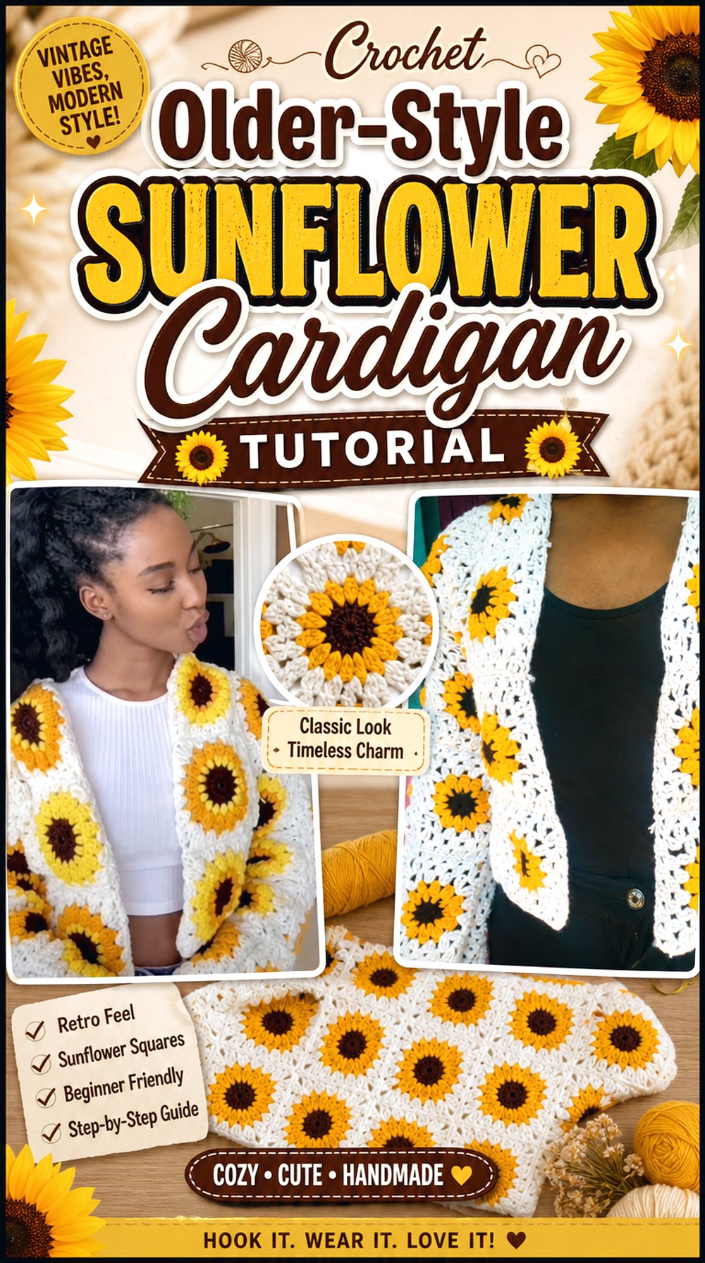 Crochet Older Style Sunflower Cardigan Tutorial