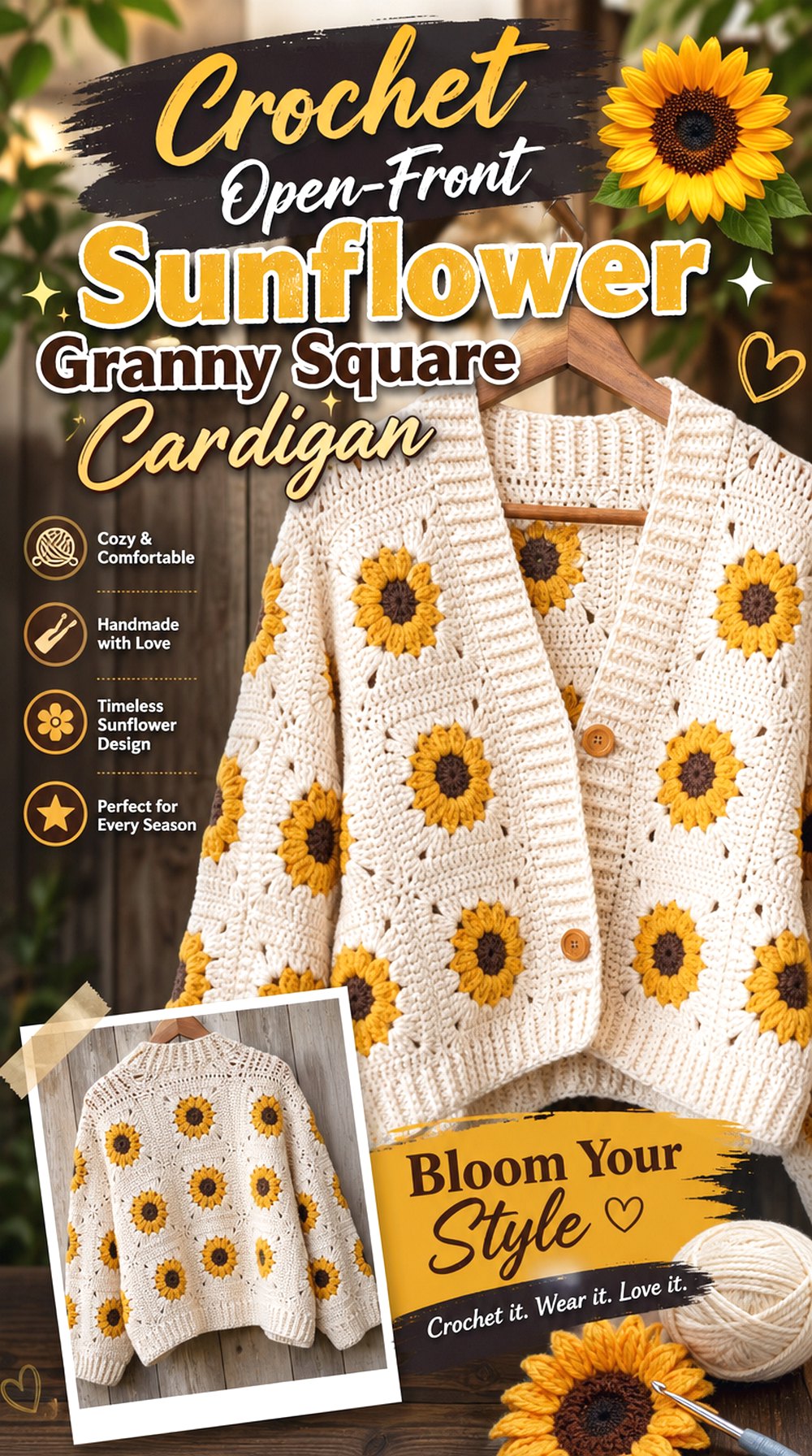 Crochet Open Front Sunflower Granny Square Cardigan