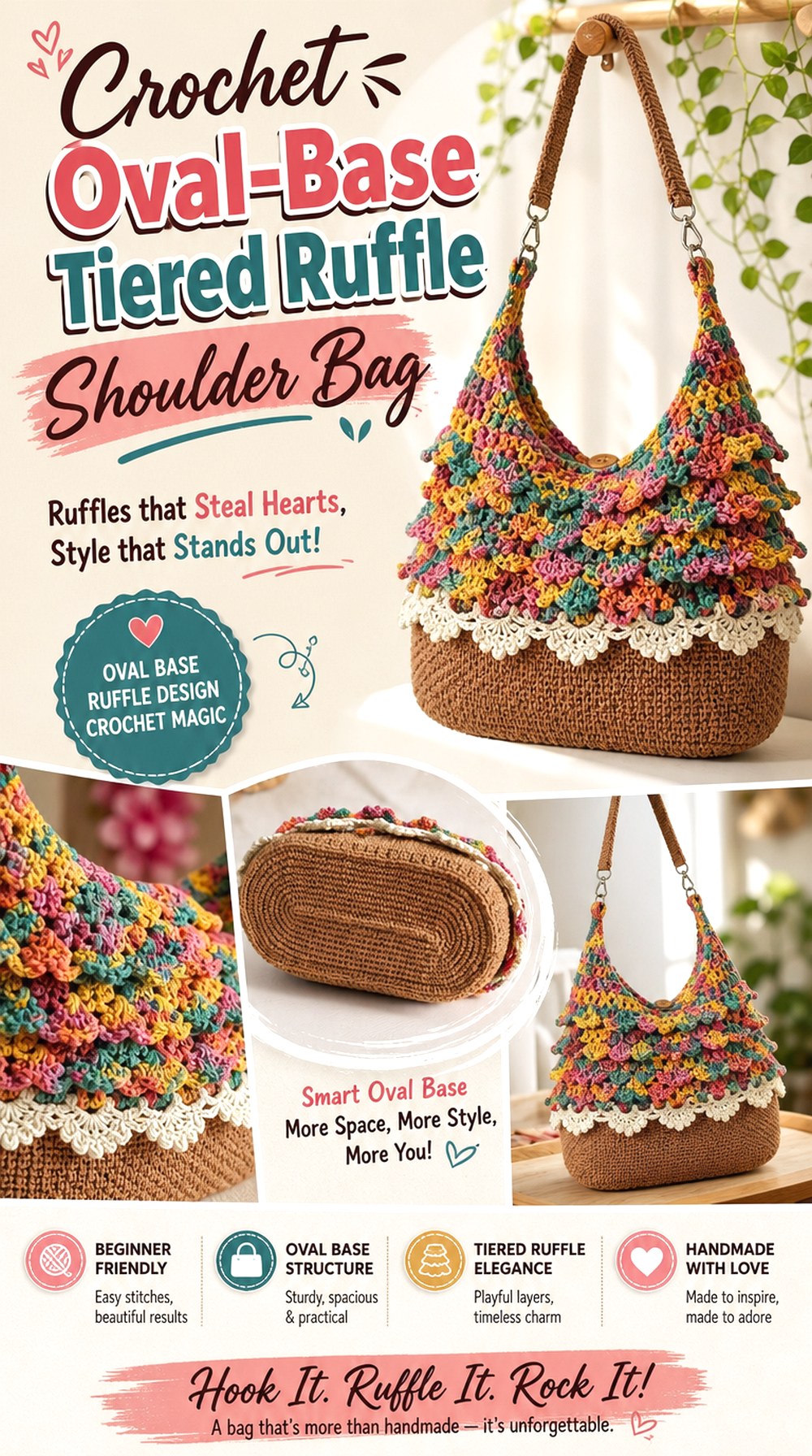 Crochet Oval Base Tiered Ruffle Shoulder Bag