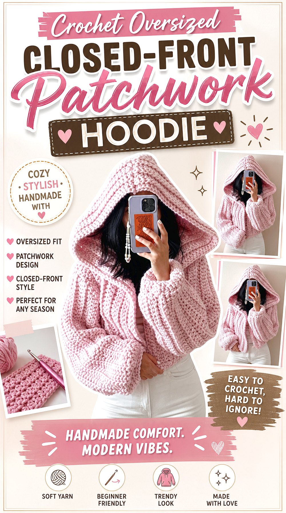 Crochet Oversized Closed Front Patchwork Hoodie